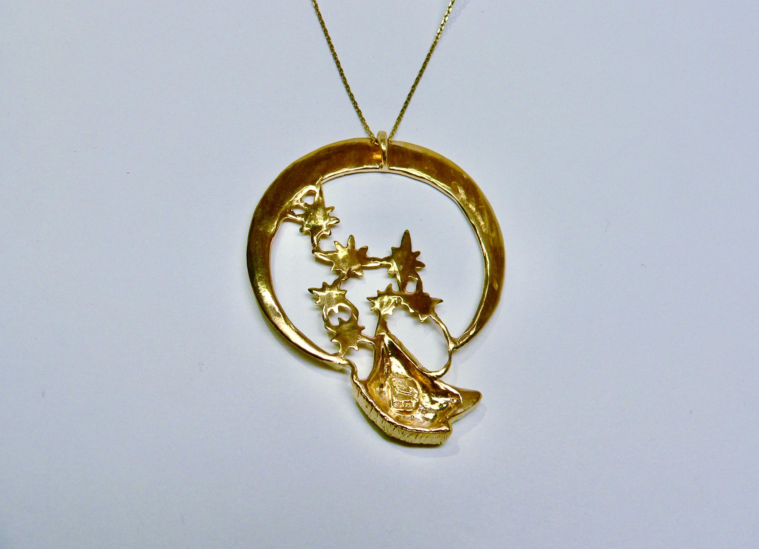 Women's or Men's Wolf under the Crescent Moon, Sterling Silver with 18 Karat Gold-Plate For Sale