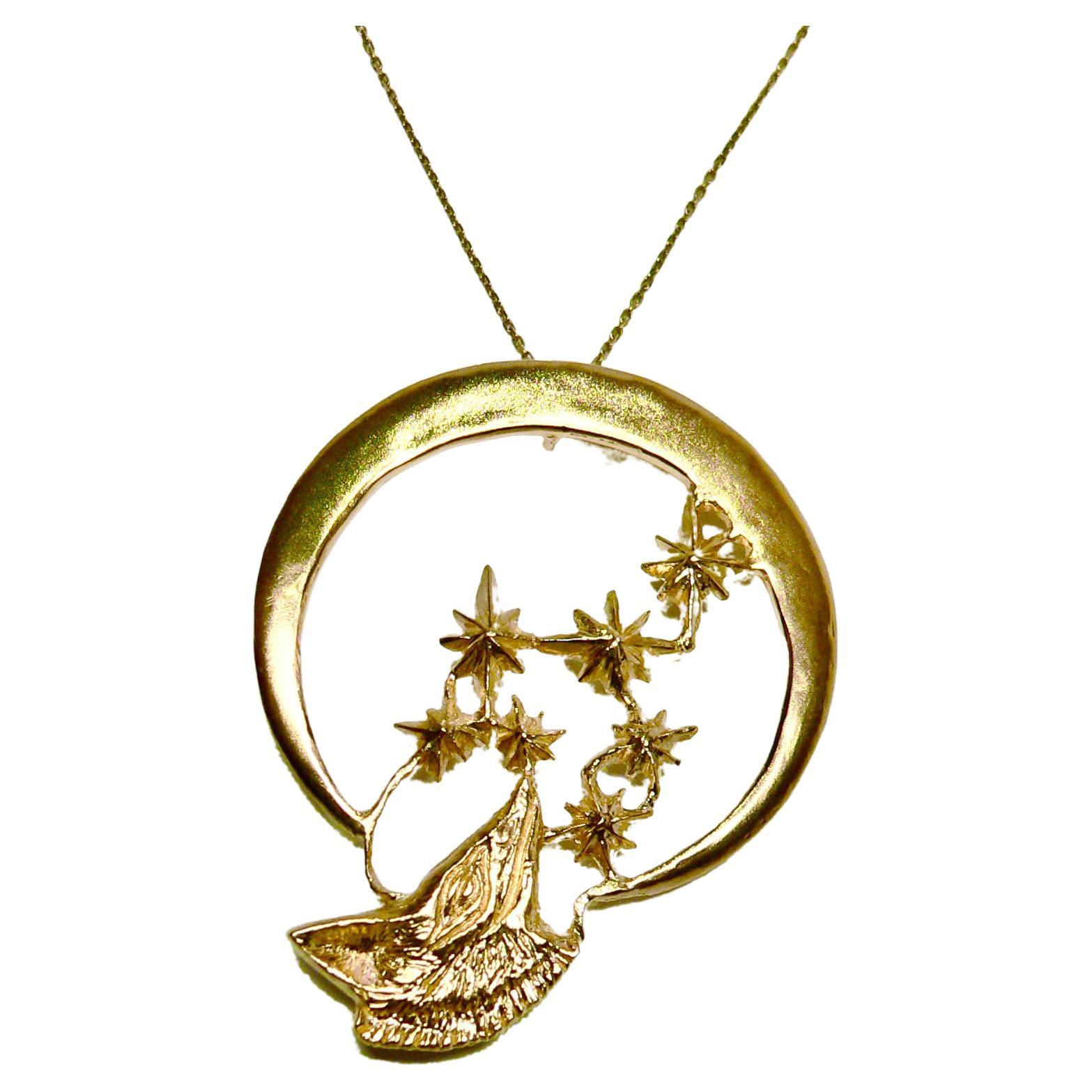 Wolf under the Crescent Moon, Sterling Silver with 18 Karat Gold-Plate