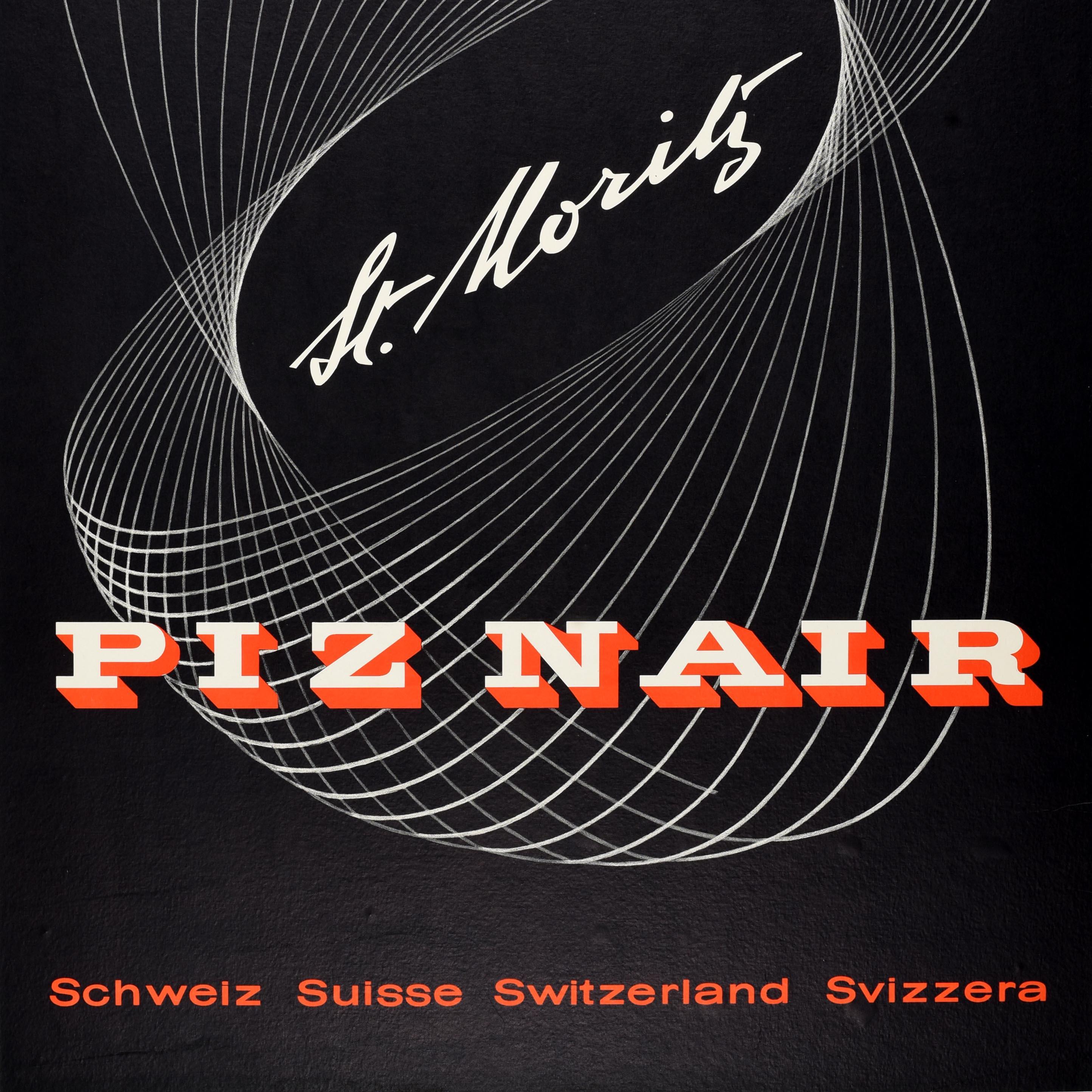 Affiche vintage originale de voyage de ski de St Moritz Piz Nair Hausamann au design moderniste - Noir Print par Wolfgang Hausmann