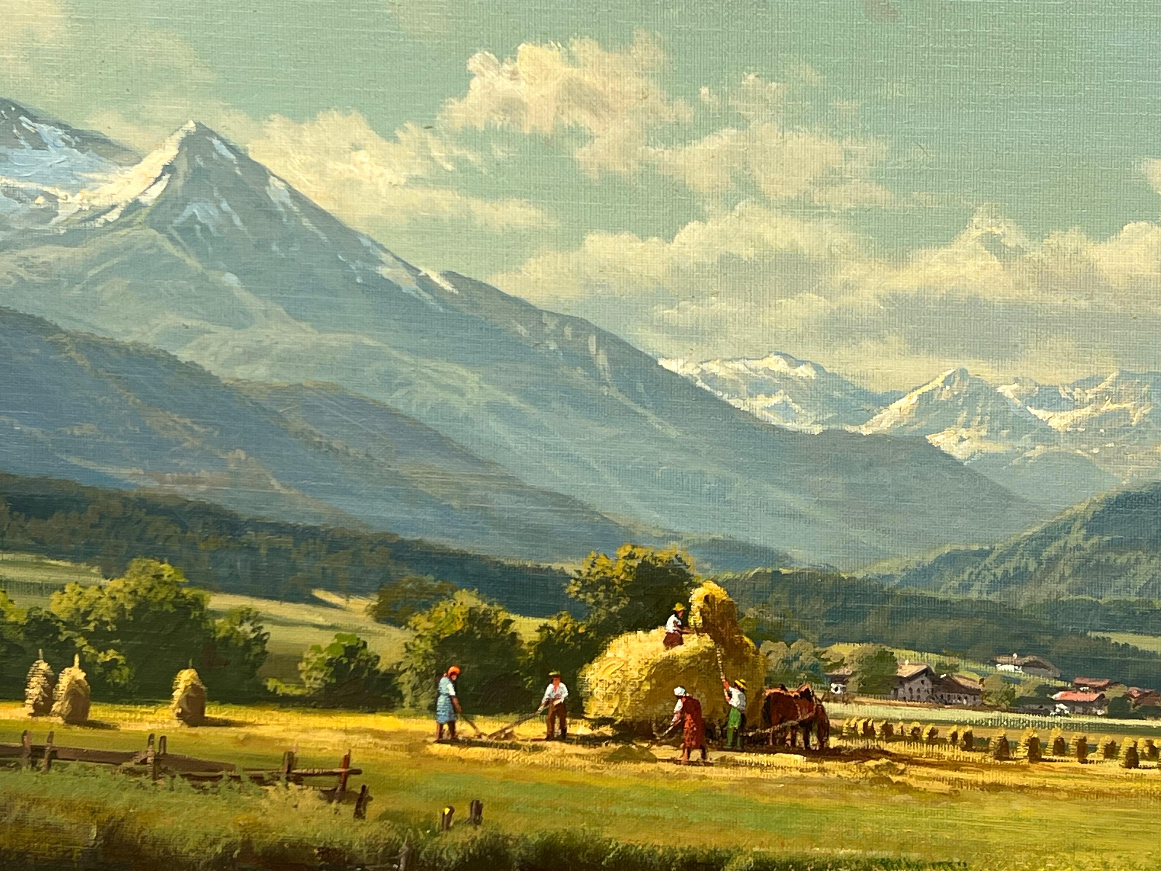Haymaking alpin du 20ème siècle, peinture à l'huile réaliste d'un artiste paysagiste allemand  8