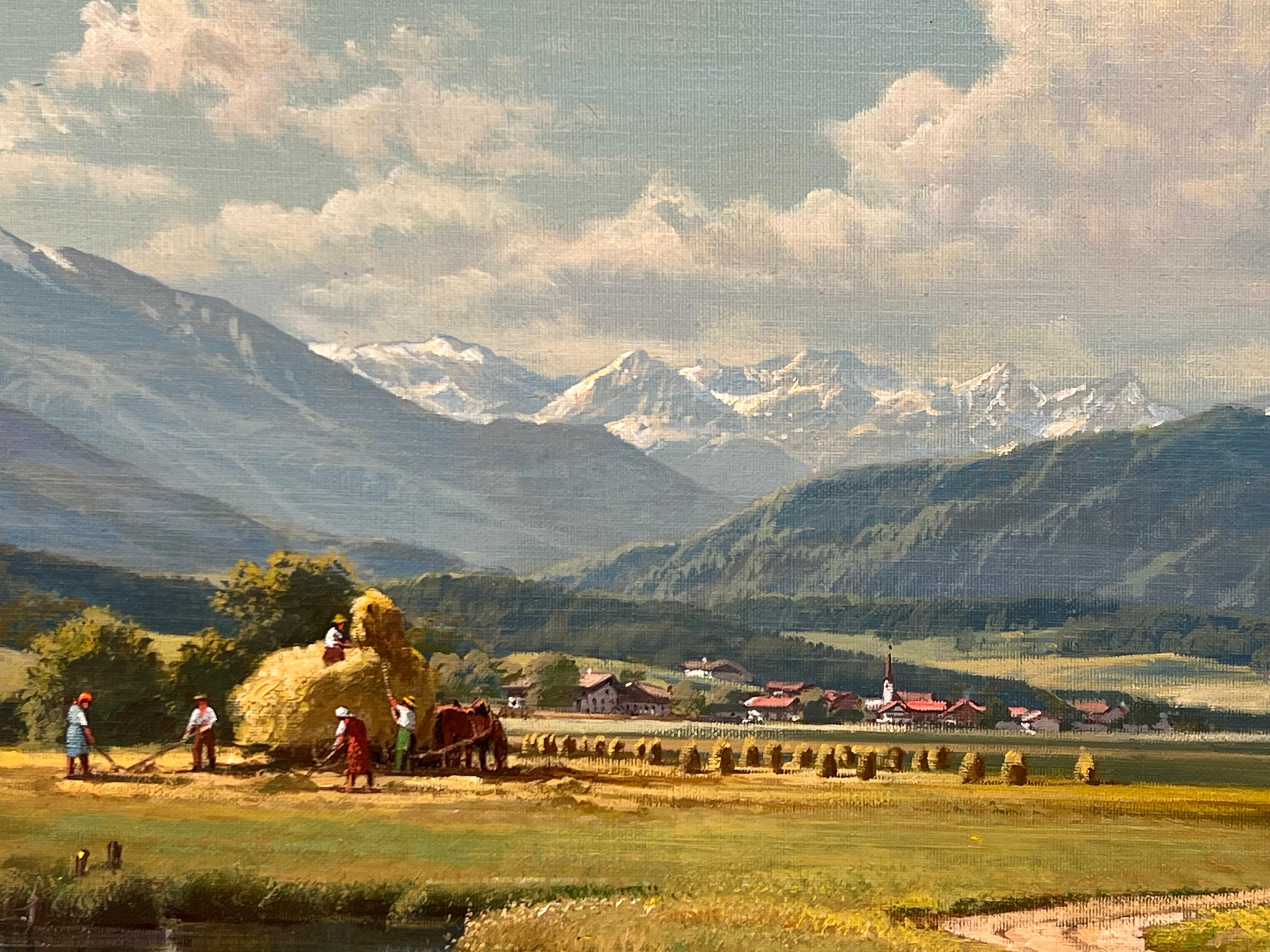 Alpine Haymaking, realistisches Ölgemälde des deutschen Landschaftsmalers, 20. Jahrhunderts  9