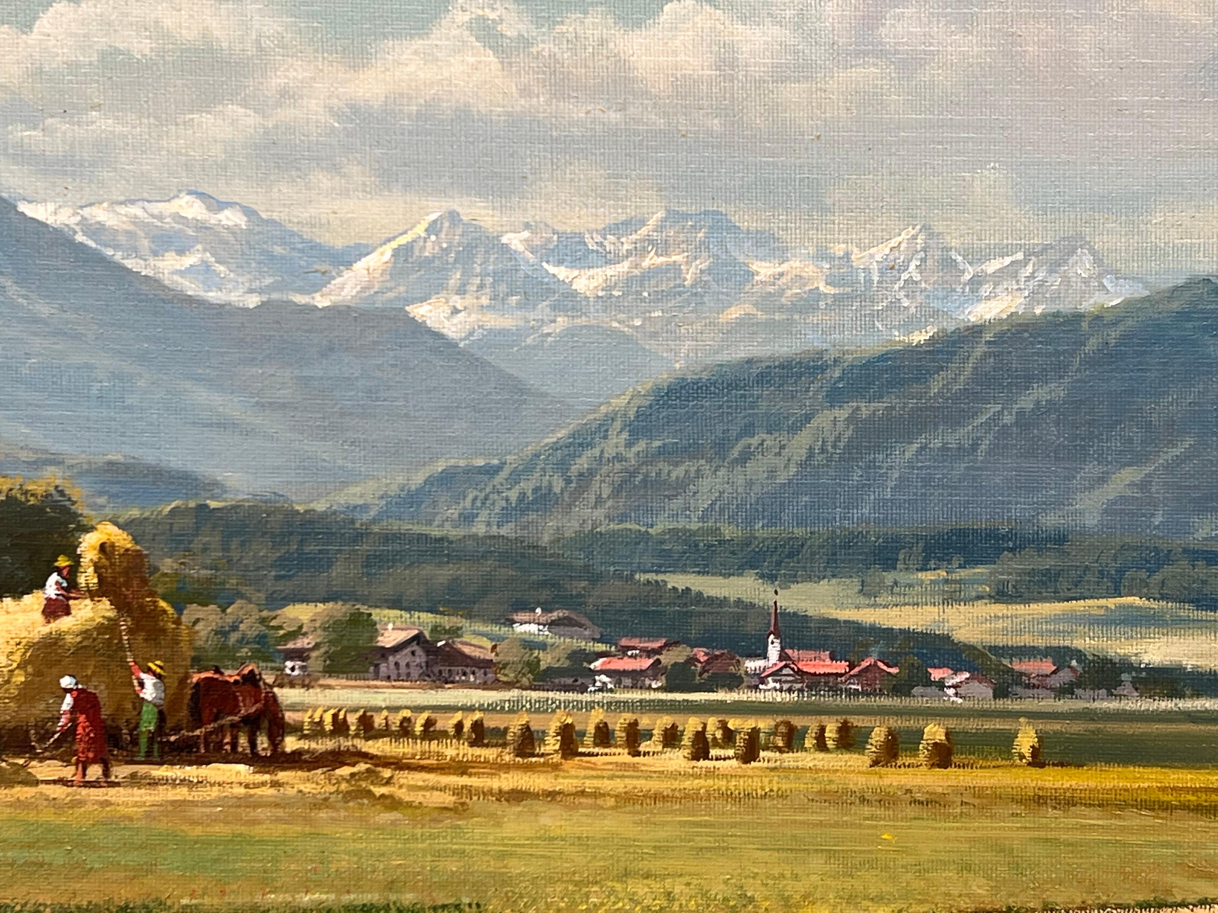 Haymaking alpin du 20ème siècle, peinture à l'huile réaliste d'un artiste paysagiste allemand  10