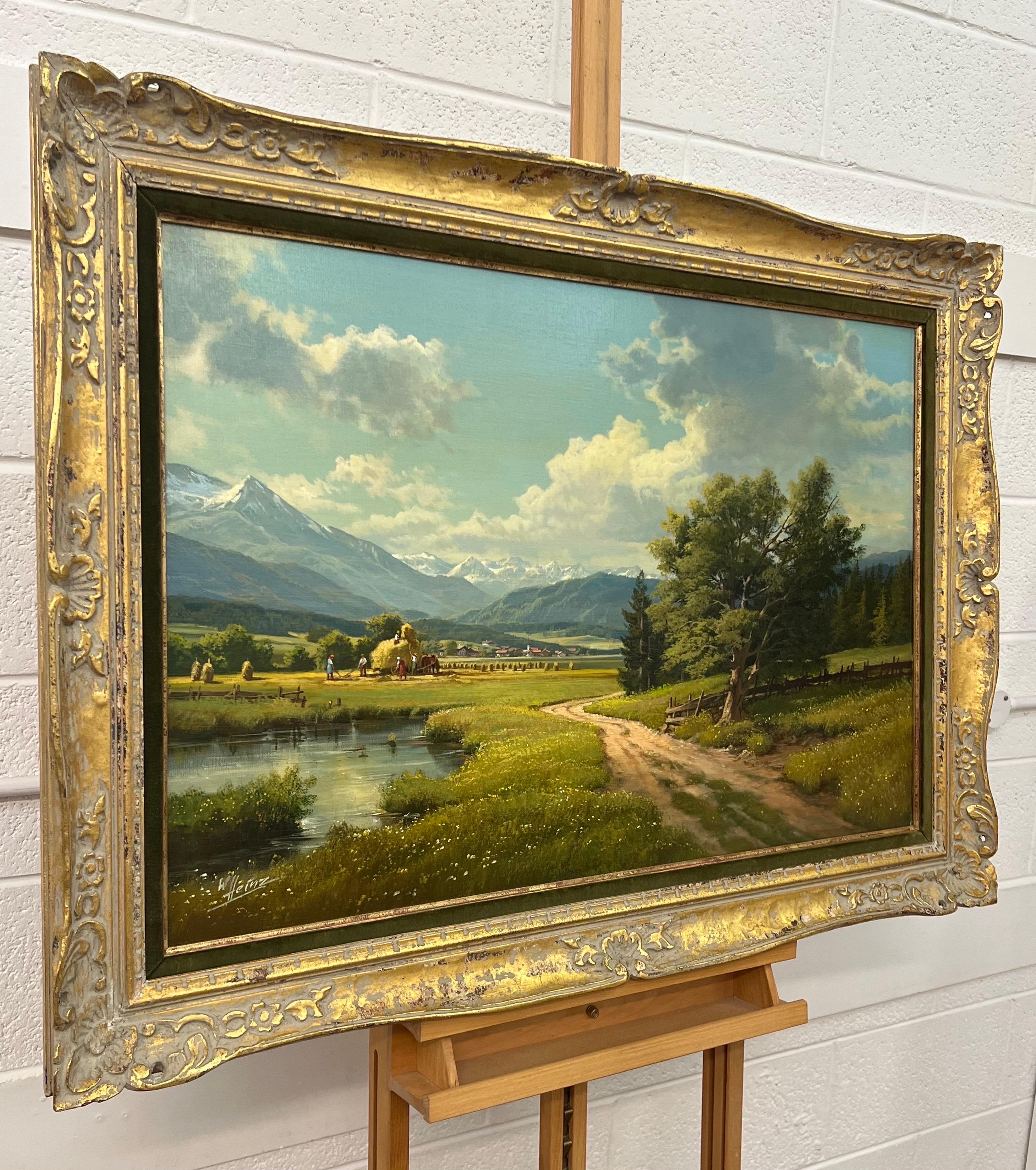 Alpine Haymaking, realistisches Ölgemälde des deutschen Landschaftsmalers, 20. Jahrhunderts  (Realismus), Painting, von Wolfgang Heinz