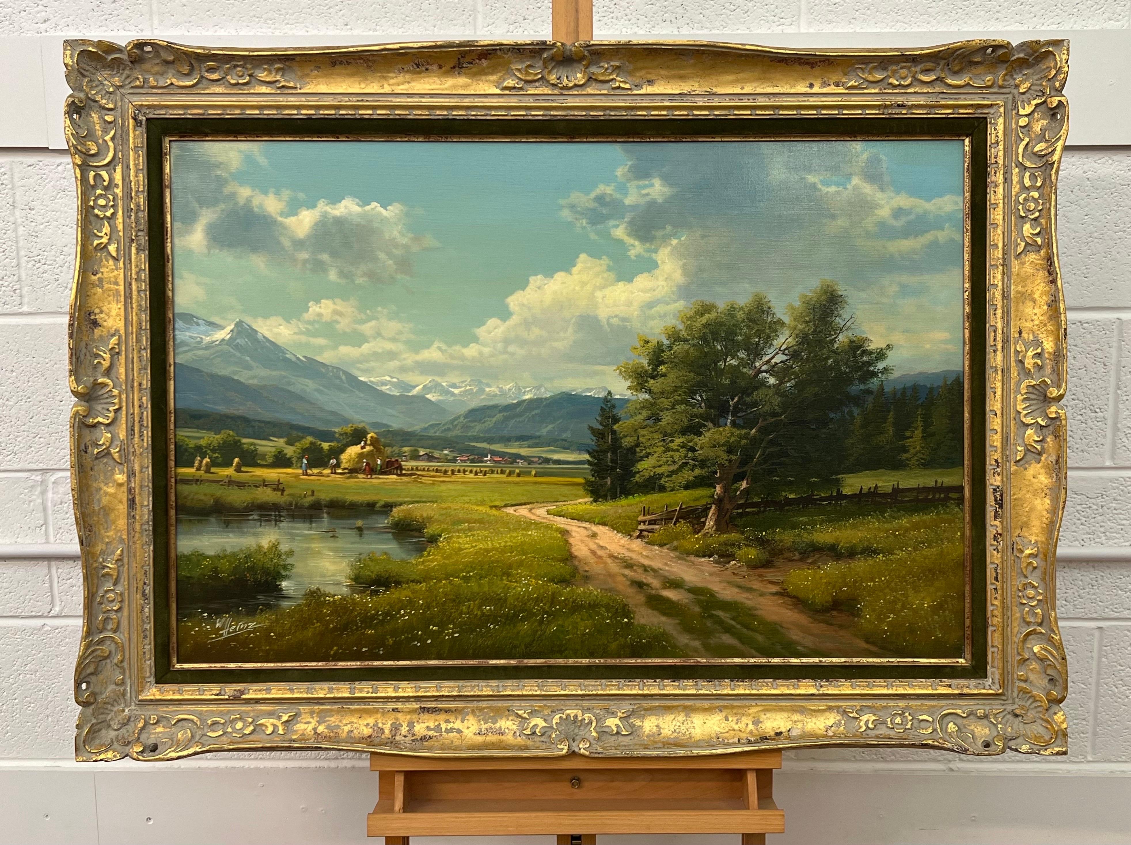Alpine Haymaking 20th Century Realist Oil Painting by German Landscape Artist  1