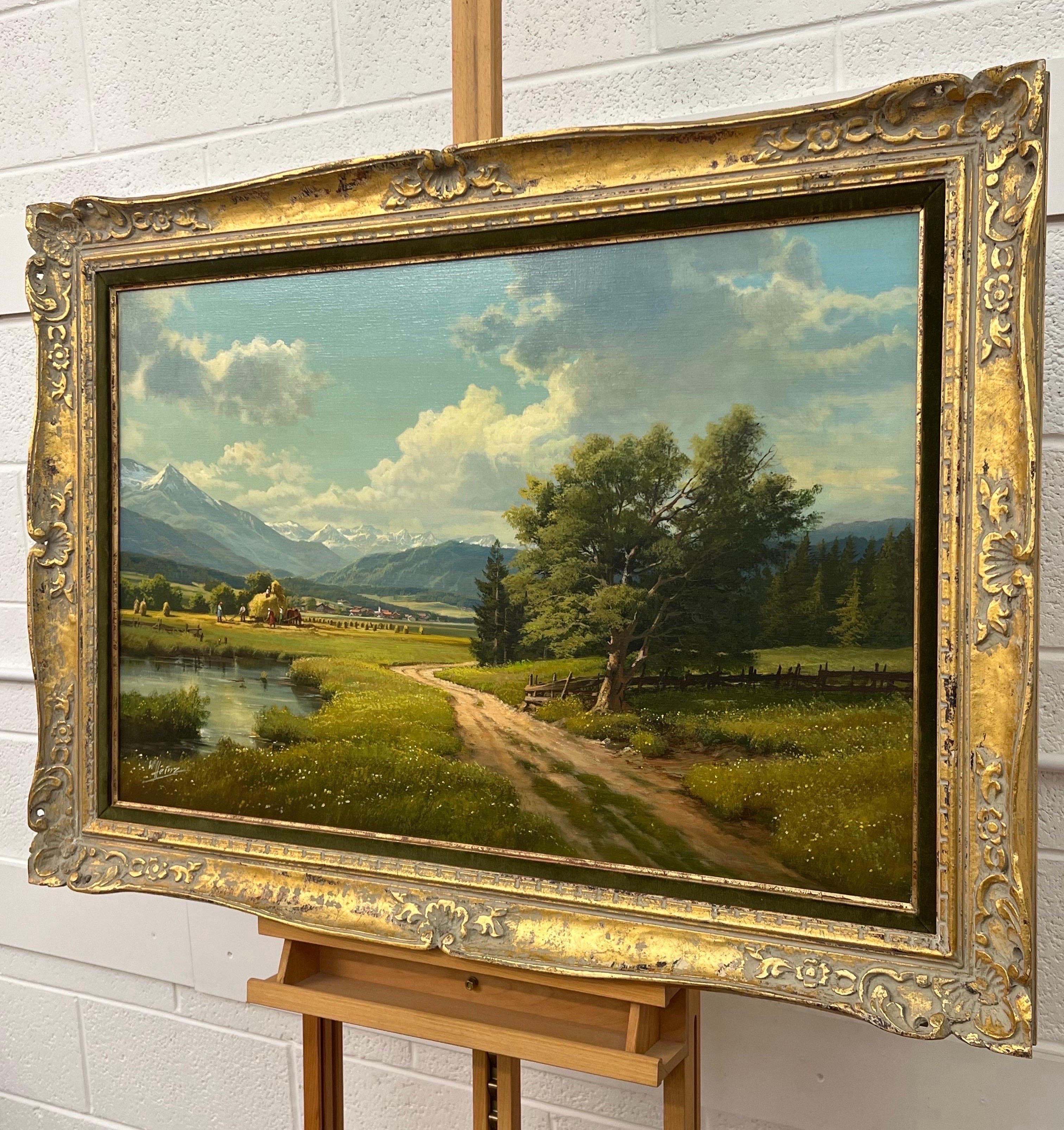 Haymaking alpin du 20ème siècle, peinture à l'huile réaliste d'un artiste paysagiste allemand  1