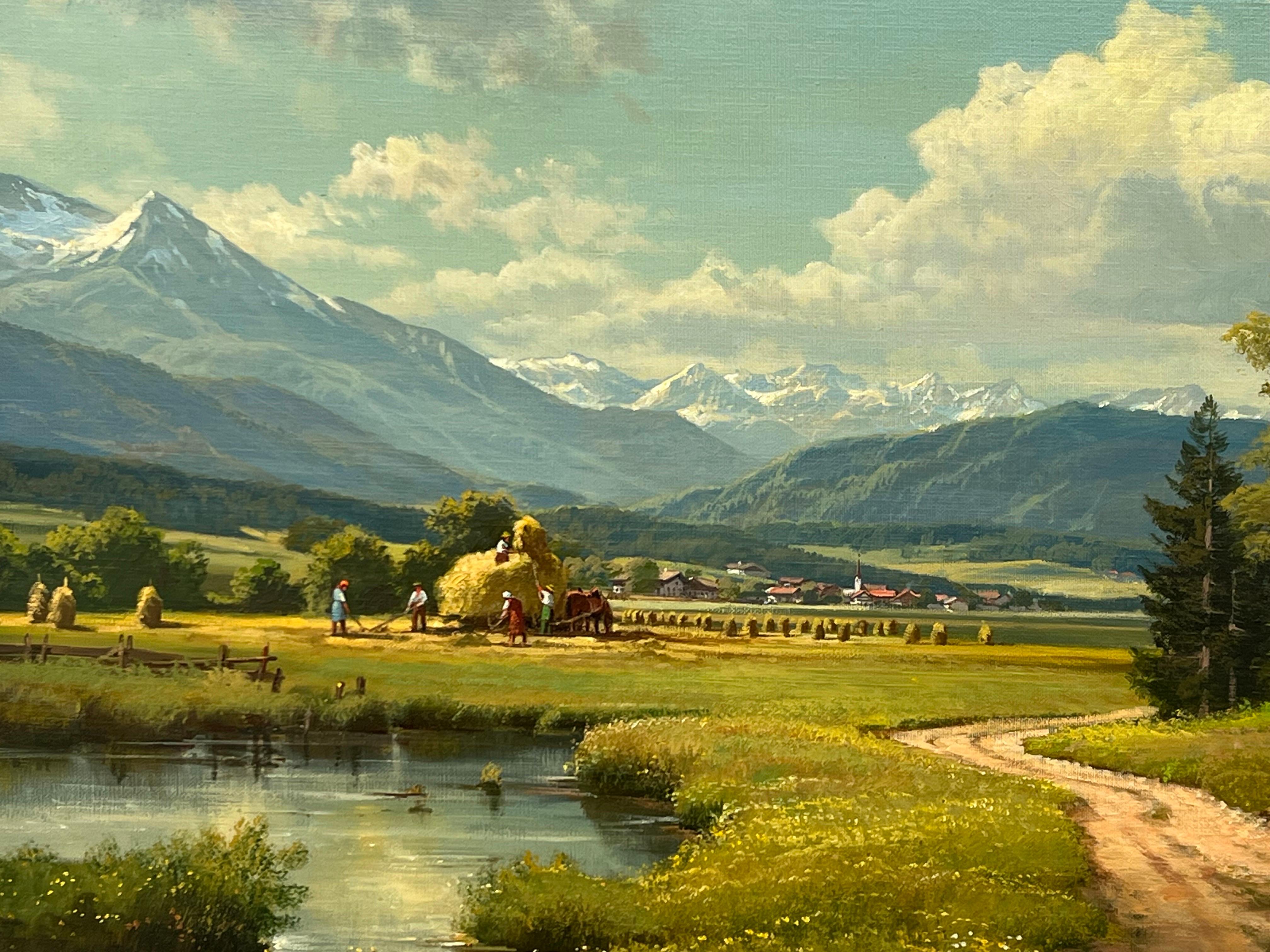 Alpine Haymaking, realistisches Ölgemälde des deutschen Landschaftsmalers, 20. Jahrhunderts  3
