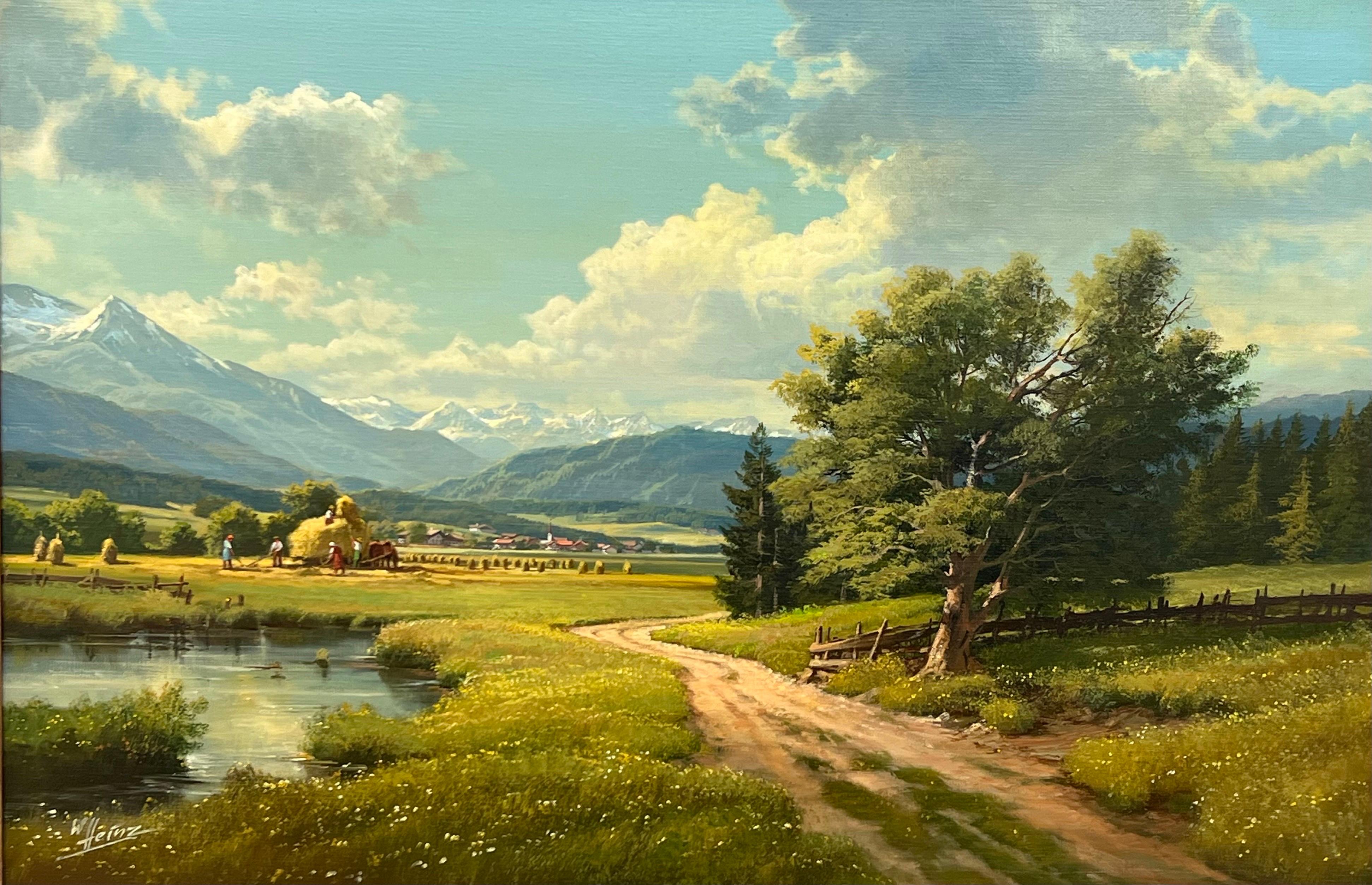 Alpine Haymaking, realistisches Ölgemälde des deutschen Landschaftsmalers, 20. Jahrhunderts  4