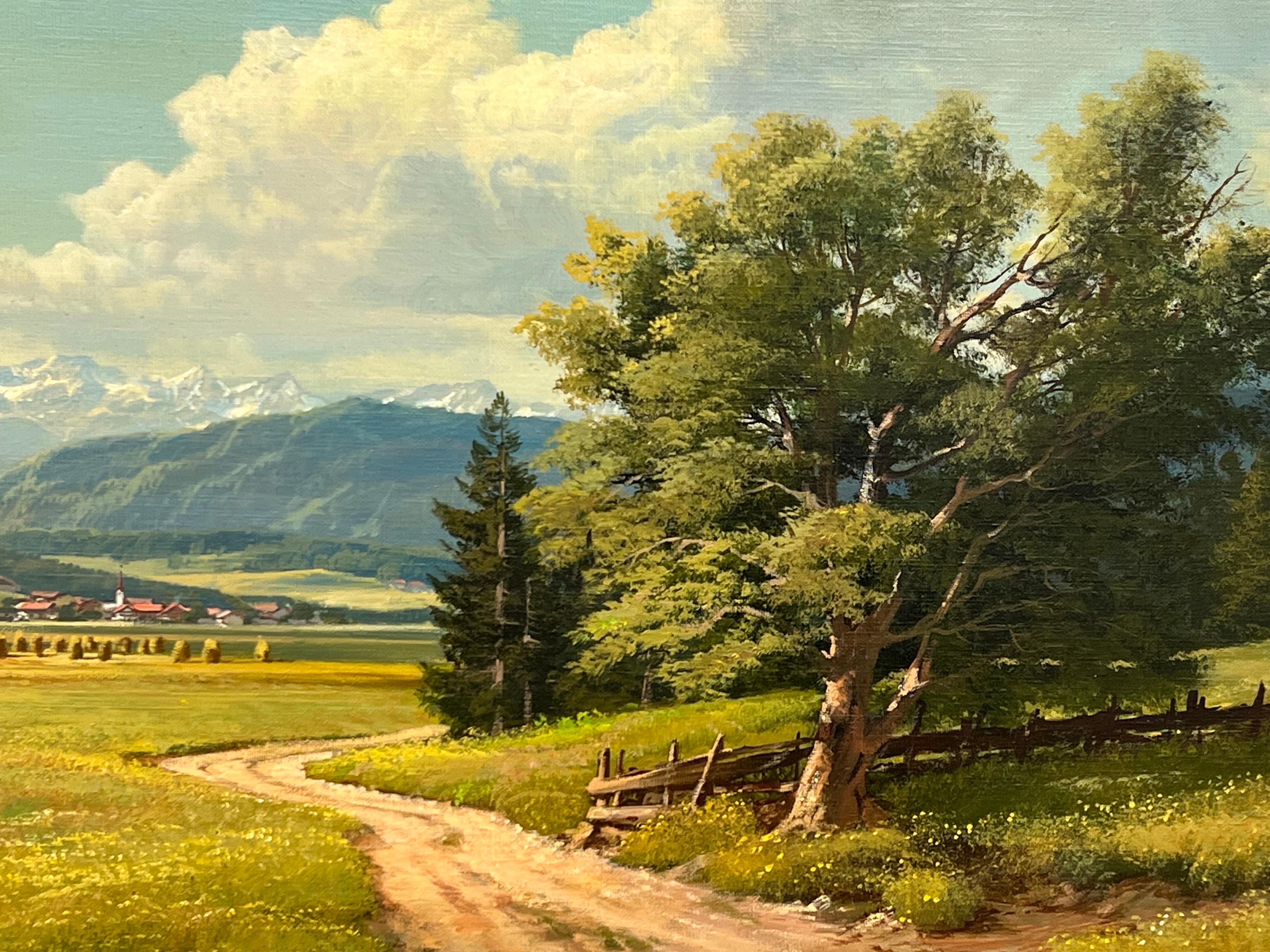 Alpine Haymaking, realistisches Ölgemälde des deutschen Landschaftsmalers, 20. Jahrhunderts  5