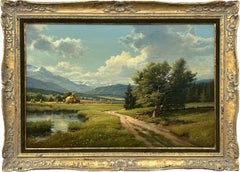 Haymaking alpin du 20ème siècle, peinture à l'huile réaliste d'un artiste paysagiste allemand 