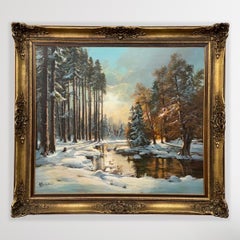 Winter Sunlight in the Forest 20th Century Realist Oil Painting by German Artist