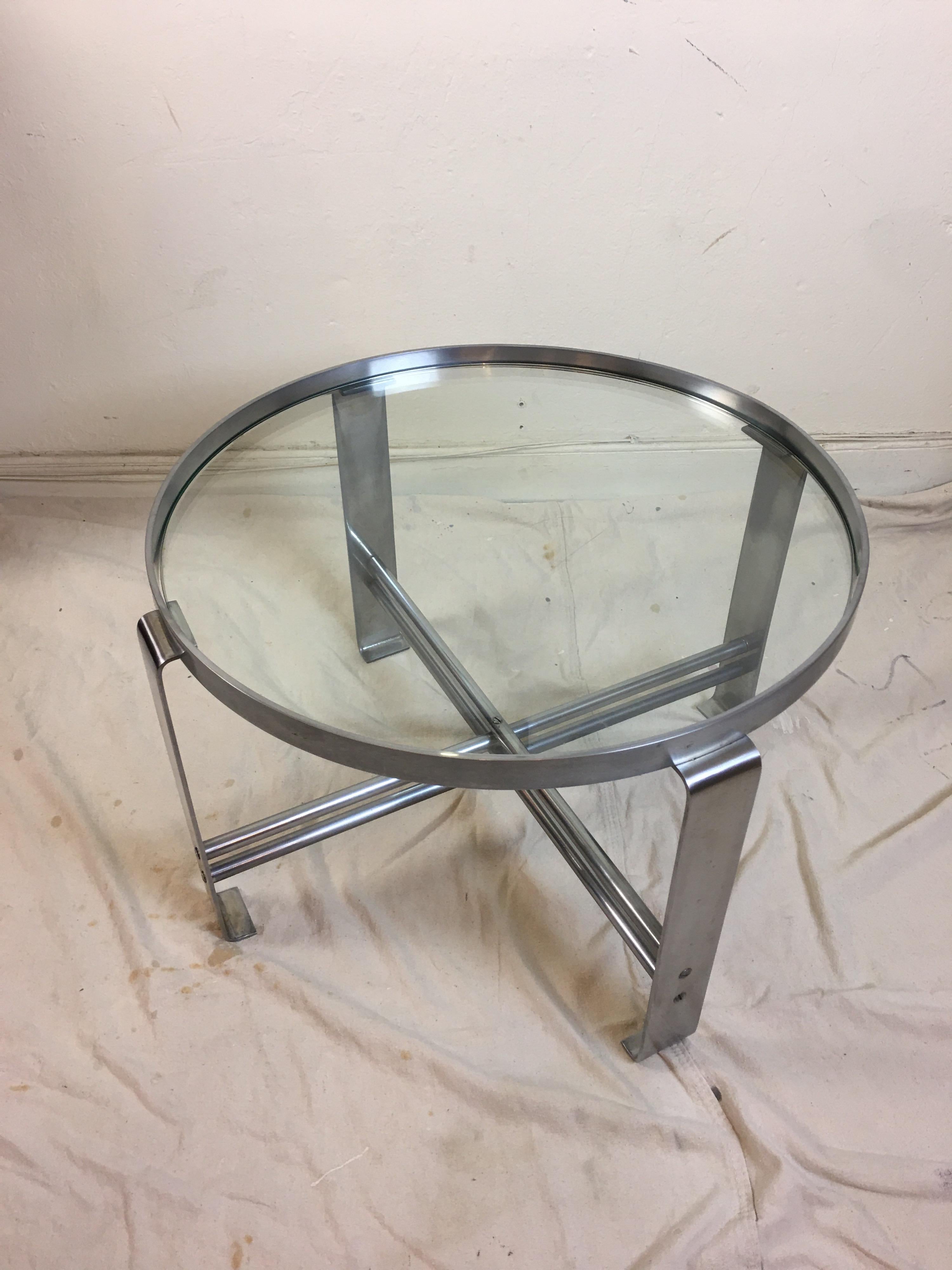 Wolfgang Hoffmann round glass and chrome coffee table for Howell Furniture. Probably his most iconic design from the mid-1930s. Satin chrome finish appears to be original, some small flaws as shown in photos.