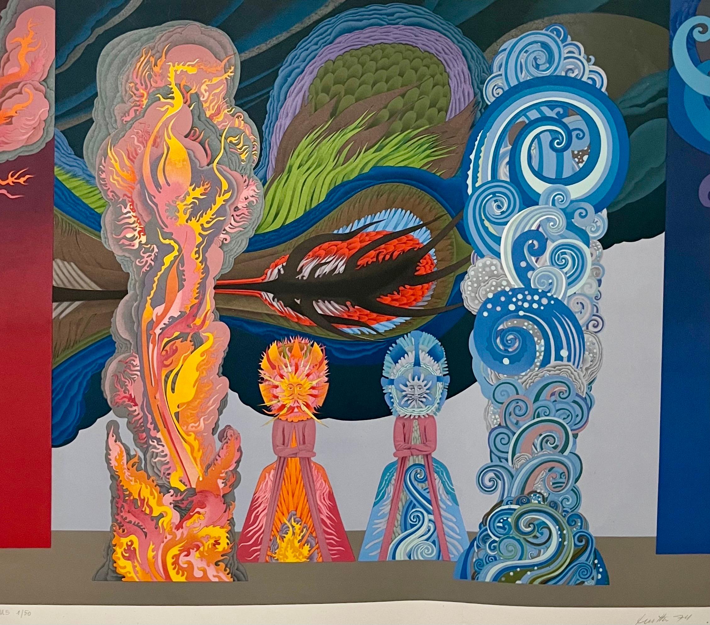 Fire Tower Water Tower (1974) Silkscreen Lithograph by Wolfgang Hutter

Wolfgang Hutter (1928 – 2014) was a painter, draughtsman, printmaker and stage designer. Hutter's imagery is characterised by an artificial paradise of gardens and surrealist
