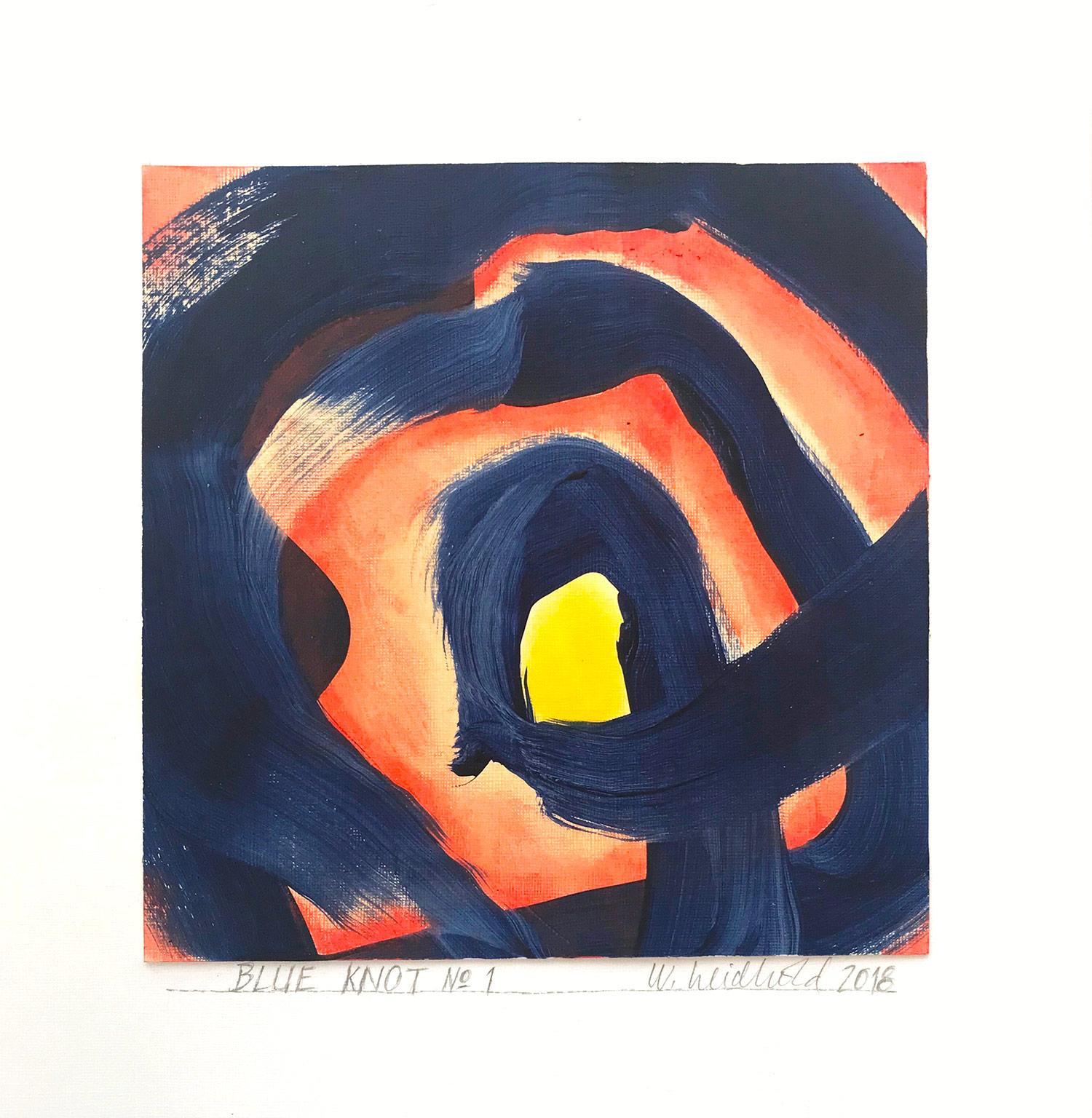 Abstraktes, gegenständliches Spiral-Knotengemälde „Blue Knot No. 1“ auf Papier