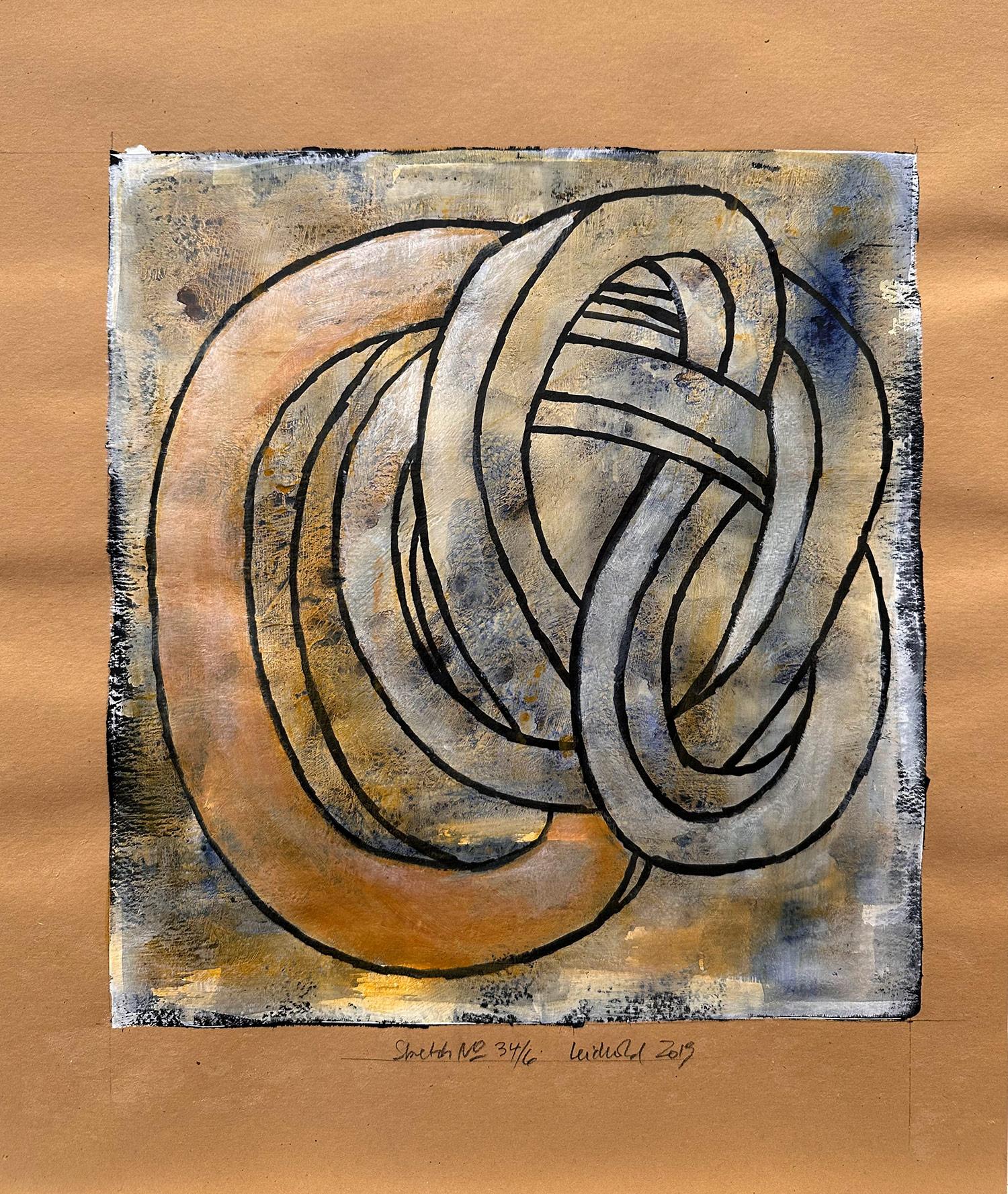 Wolfgang Leidhold Abstract Painting - "Sketch No.34/6" Abstract Representational Kinetic Knot Painting Work on Paper