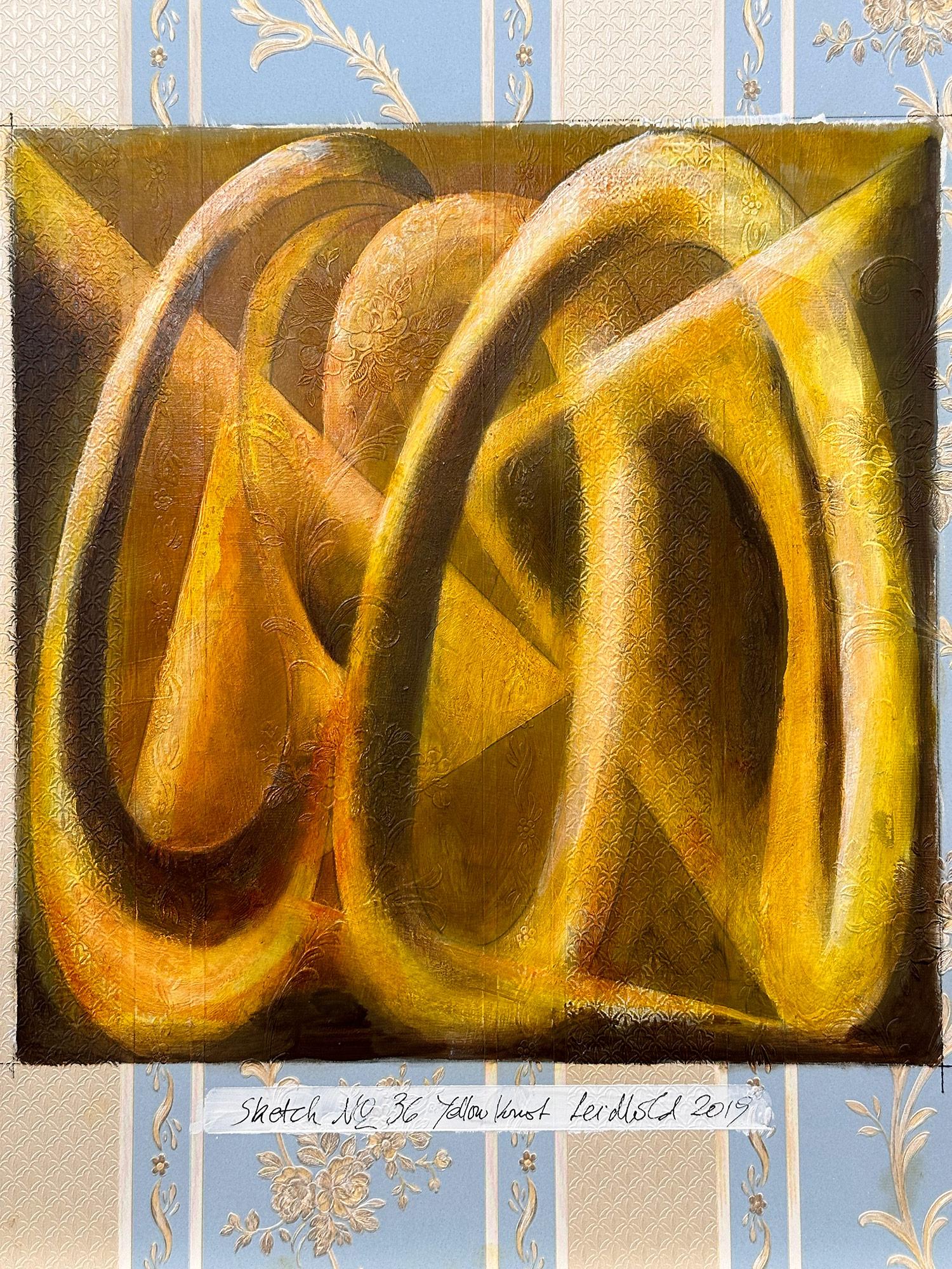 „Sketch No.36 Yellow Knot“ Abstraktes, gegenständliches Gemälde auf Tapete – Painting von Wolfgang Leidhold
