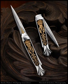 Wolfgang Loerchner Folding Dagger Knife W/ Gold 18K Satyrs Engraving by Alex Gev
