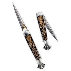 Wolfgang Loerchner Folding Dagger Knife W/ Gold 18K Satyrs Engraving by Alex Gev