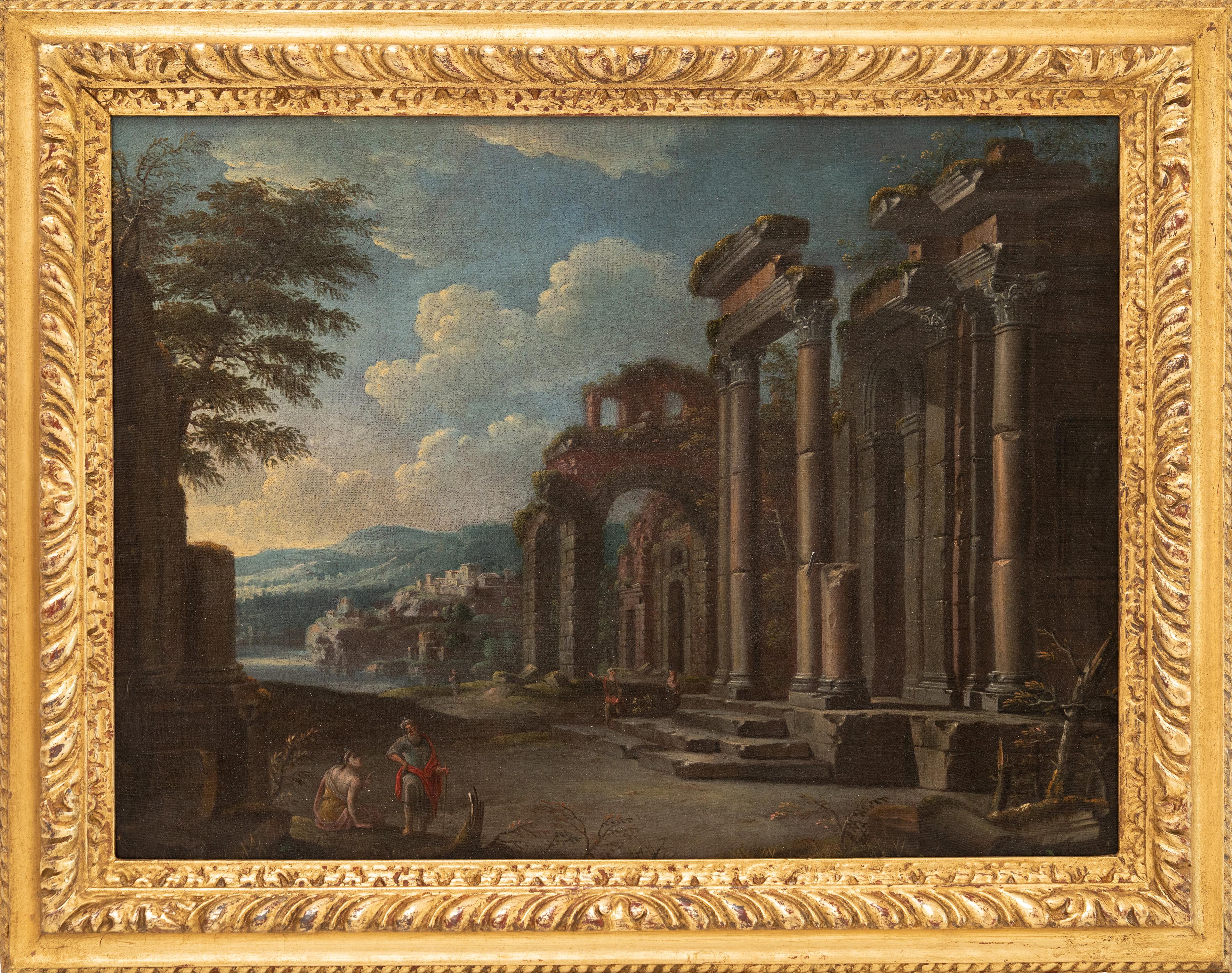 Wolfgang Magnus Gebhardt Figurative Painting - Late 17th Century Italianate landscape with figures amongst classical ruins