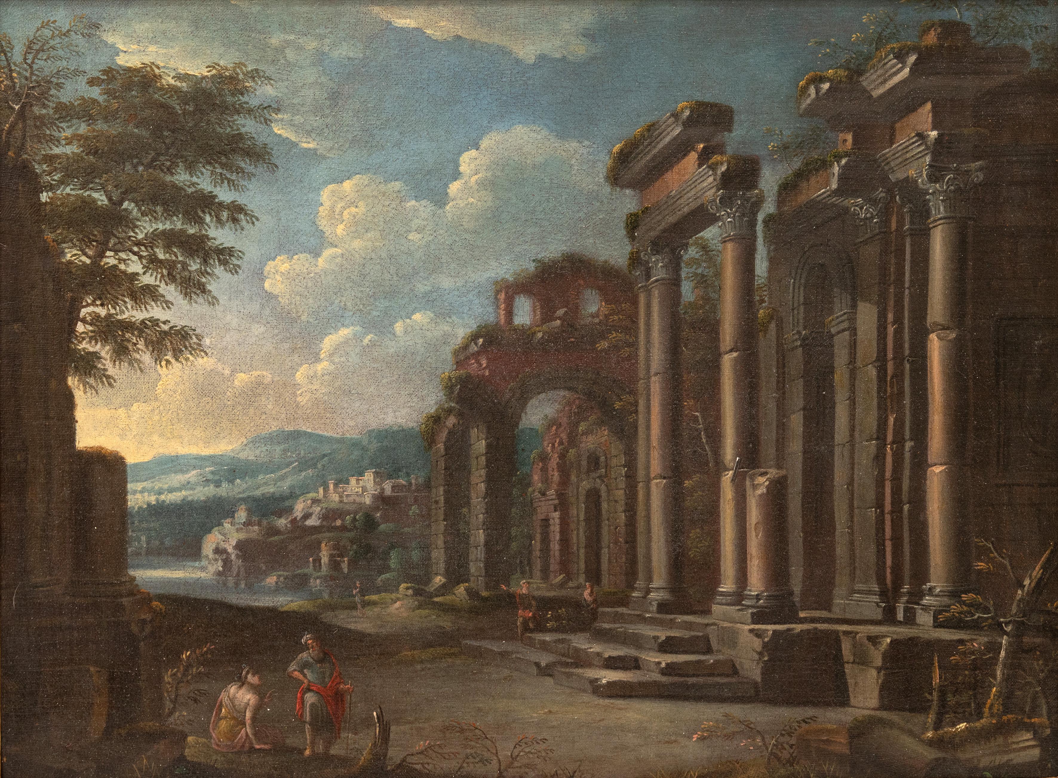 Late 17th Century Italianate landscape with figures amongst classical ruins - Painting by Wolfgang Magnus Gebhardt