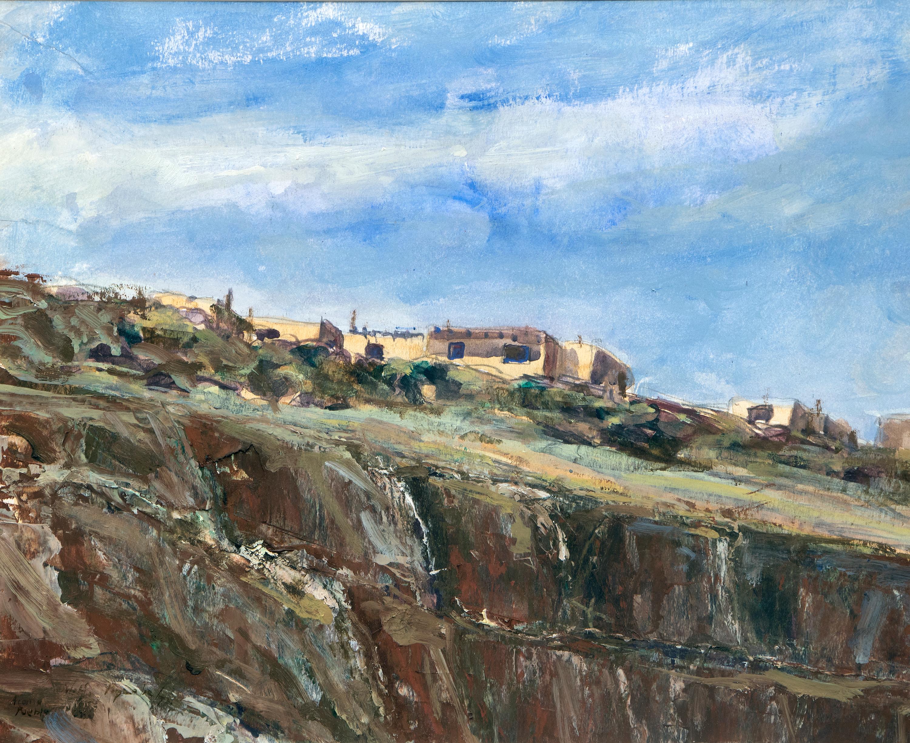 Gouache-Gemälde in Acoma Pueblo, New Mexico, Südwest-Landschaftsszene, 1970er Jahre – Painting von Wolfgang Pogzeba