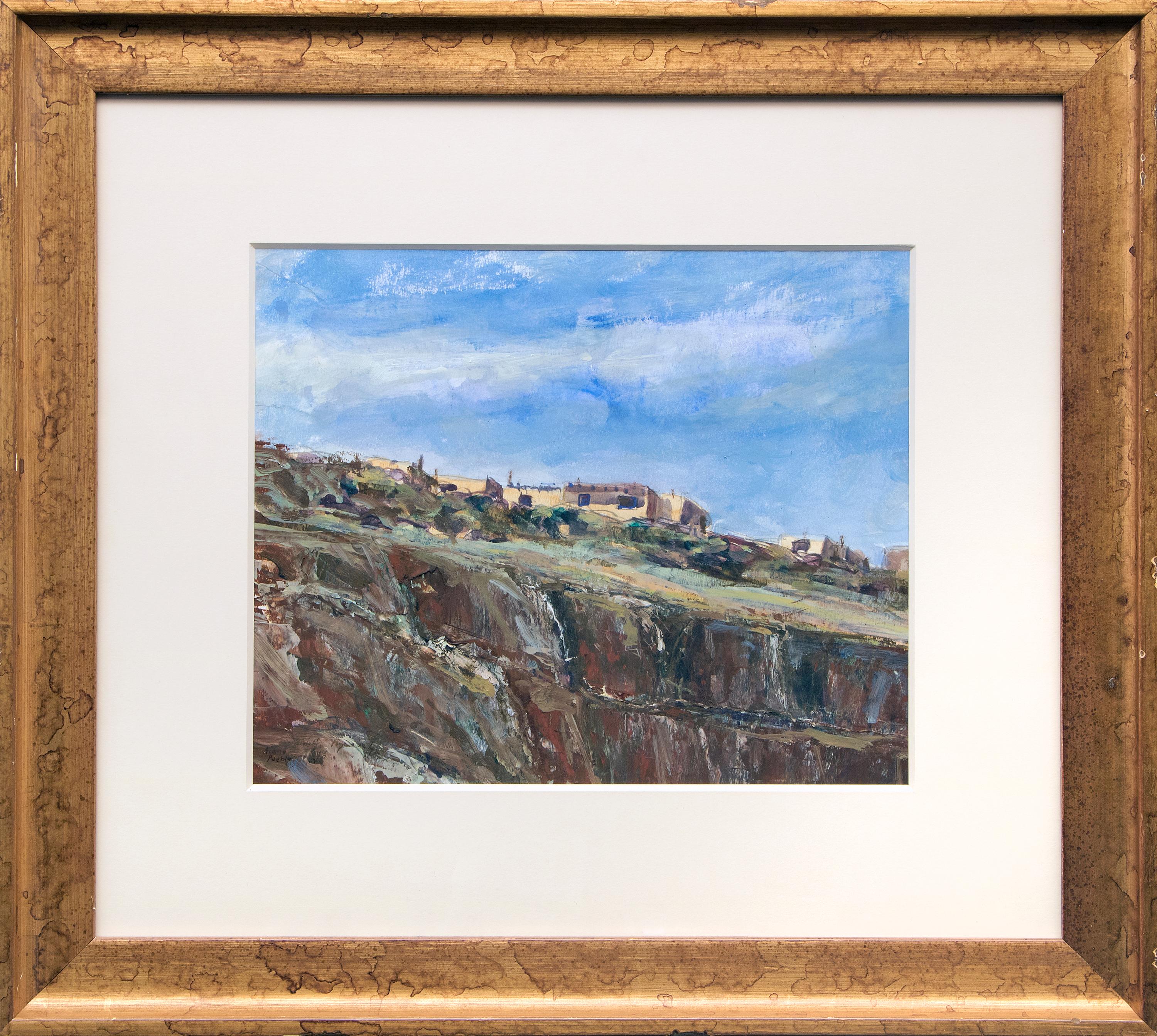 Acoma Pueblo, New Mexico, 1970s Southwest Landscape Scene Gouache Painting