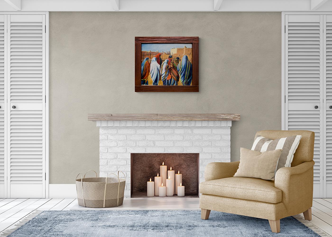 Figures at Taos Pueblo, New Mexico - Southwestern 20th Century Oil Painting 1