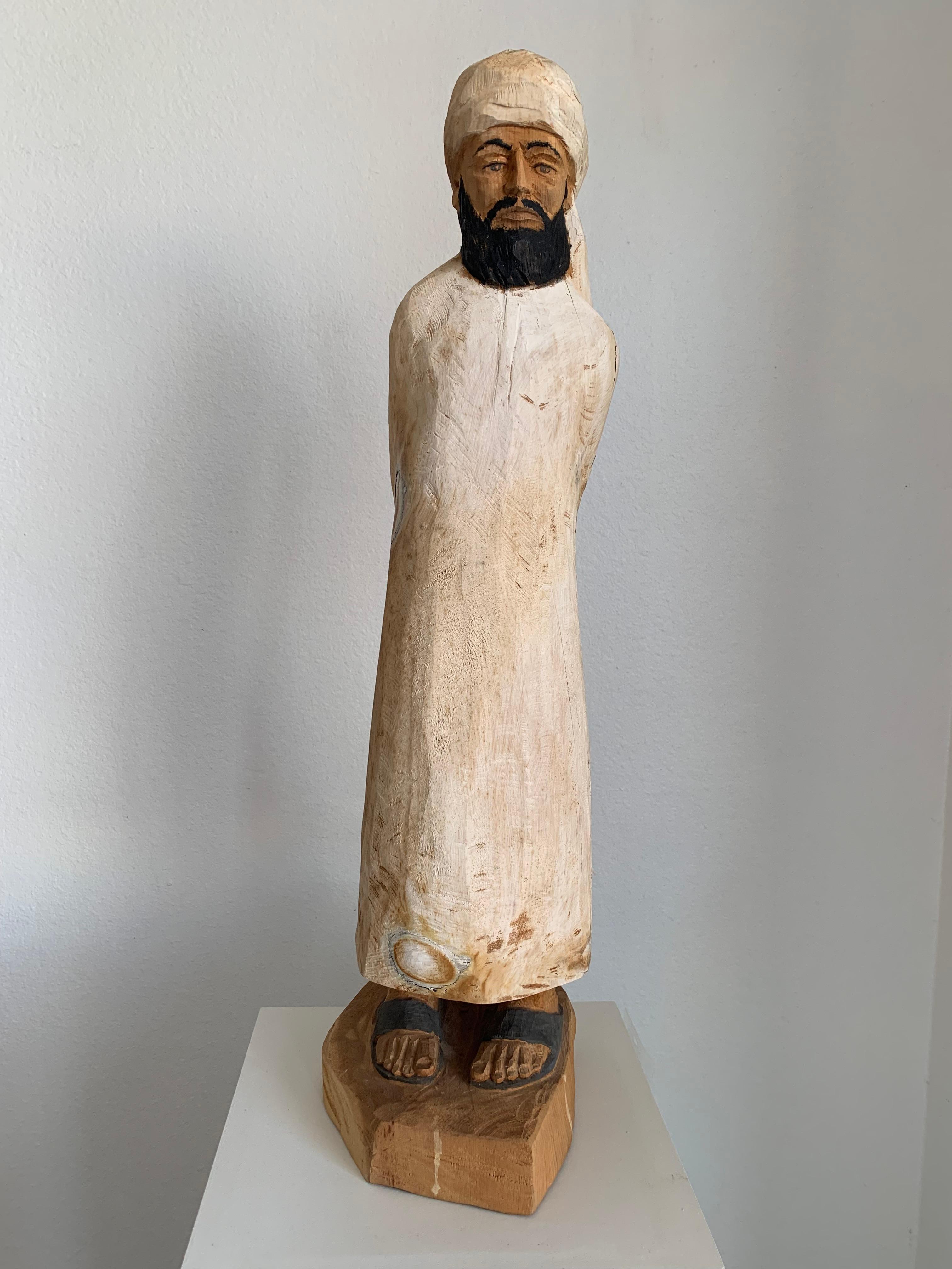 Wolfgang Schott Figurative Sculpture - KHALID Wooden Sculpture Hand-Carved and Signed by the Artist with Gngraving