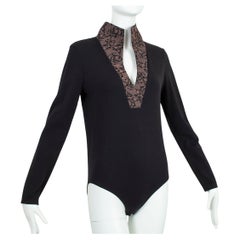 Wolford Black Queen Anne Neck Bodysuit with Jacquard Stand Collar – L, 2000s