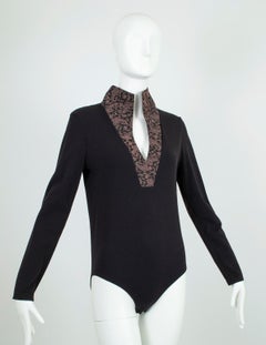 Wolford Black Queen Anne Neck Bodysuit with Jacquard Stand Collar – L, 2000s