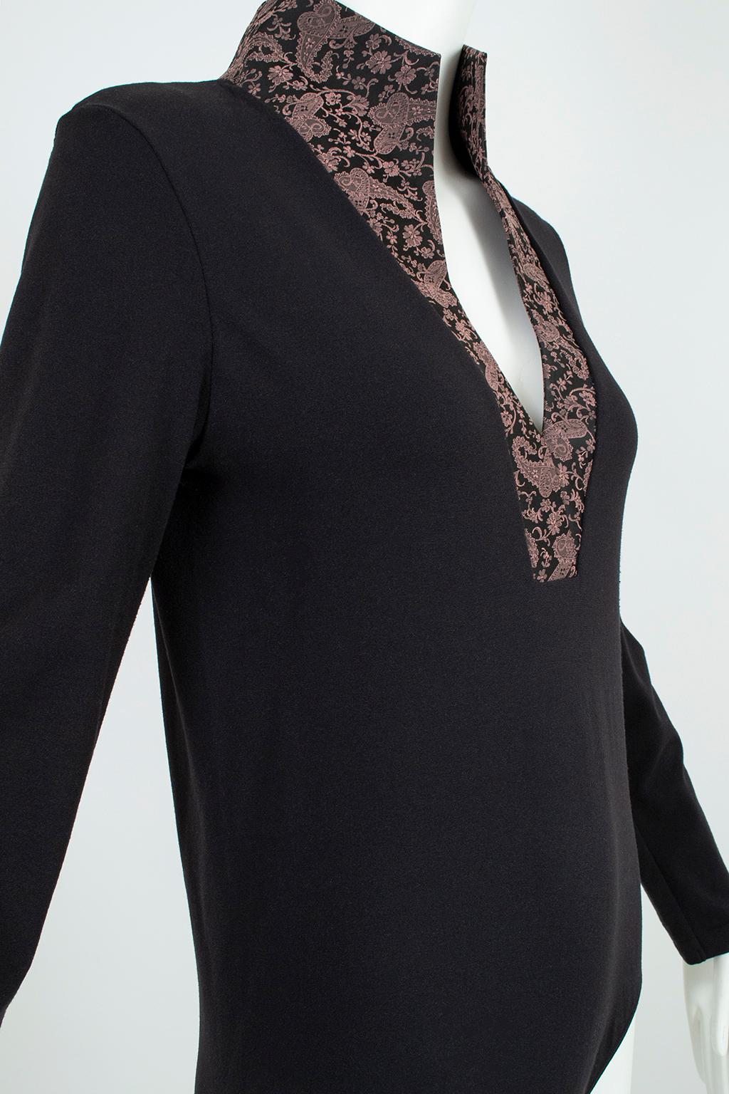 Wolford Black Queen Anne Neck Bodysuit with Paisley Jacquard Placket – L, 2000s In Good Condition For Sale In Tucson, AZ