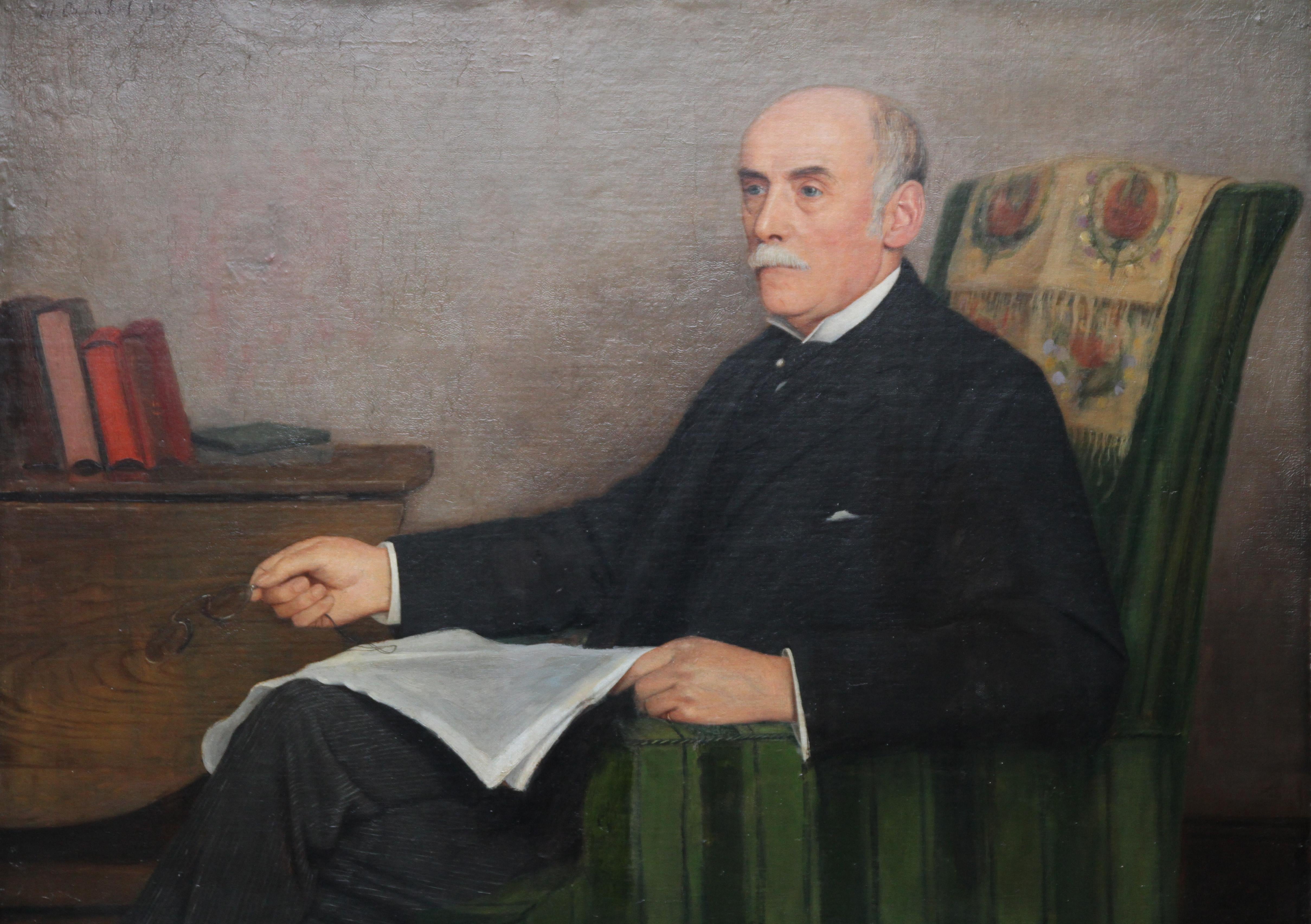 Portrait of a Gentleman Reading - British art Edwardian interior oil painting  1