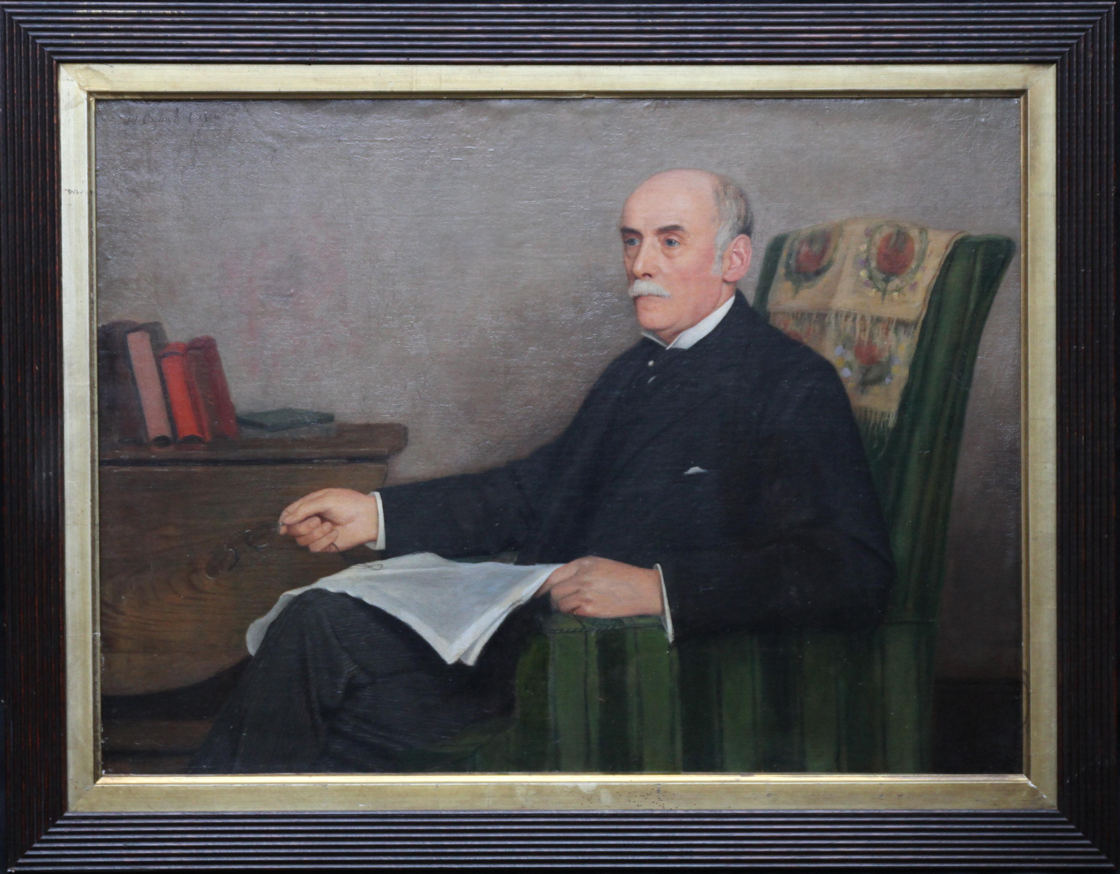 Portrait of a Gentleman Reading - British art Edwardian interior oil painting  2