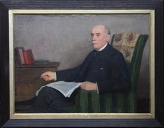 Antique Portrait of a Gentleman Reading - British art Edwardian interior oil painting 