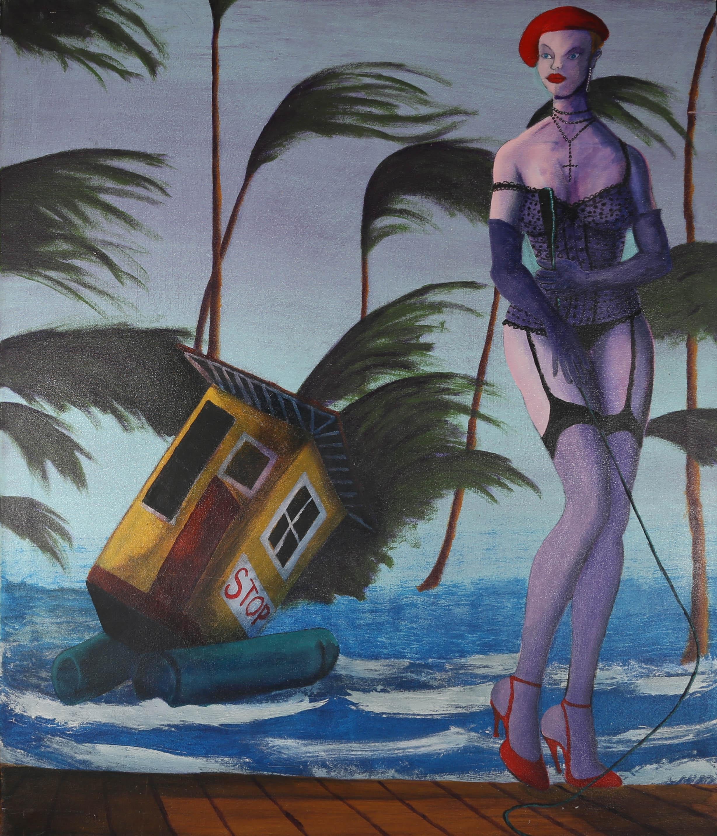A vibrant and humorous oil scene showing a seductive depiction of the singer, Madonna, standing in front of a backdrop of a raging storm that is blowing palm trees and capsizing a bright yellow beach hut. The artist has signed, dated and inscribed