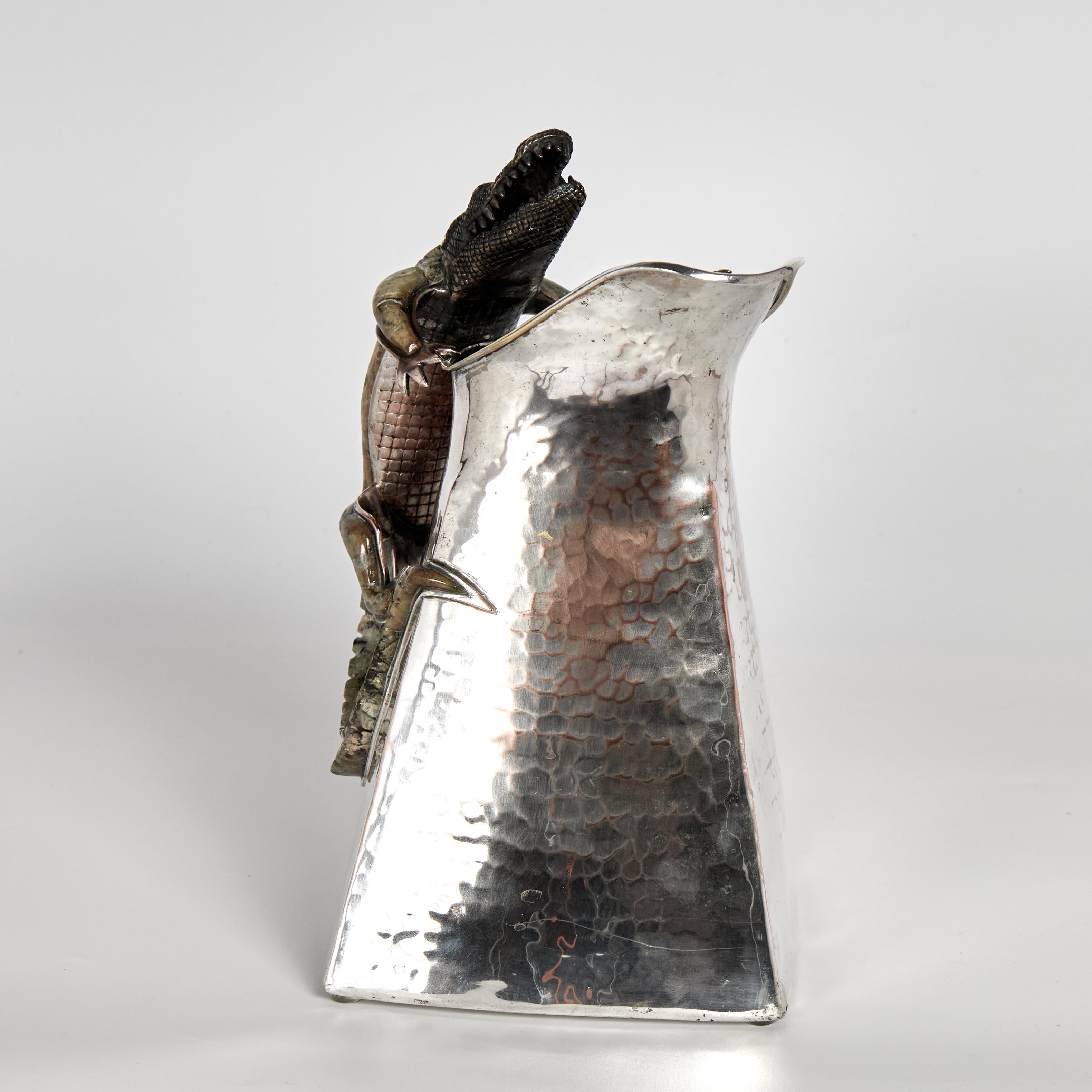 Hammered Wolmar Castillo Vintage Silver Plate Pitcher with Alligator For Sale