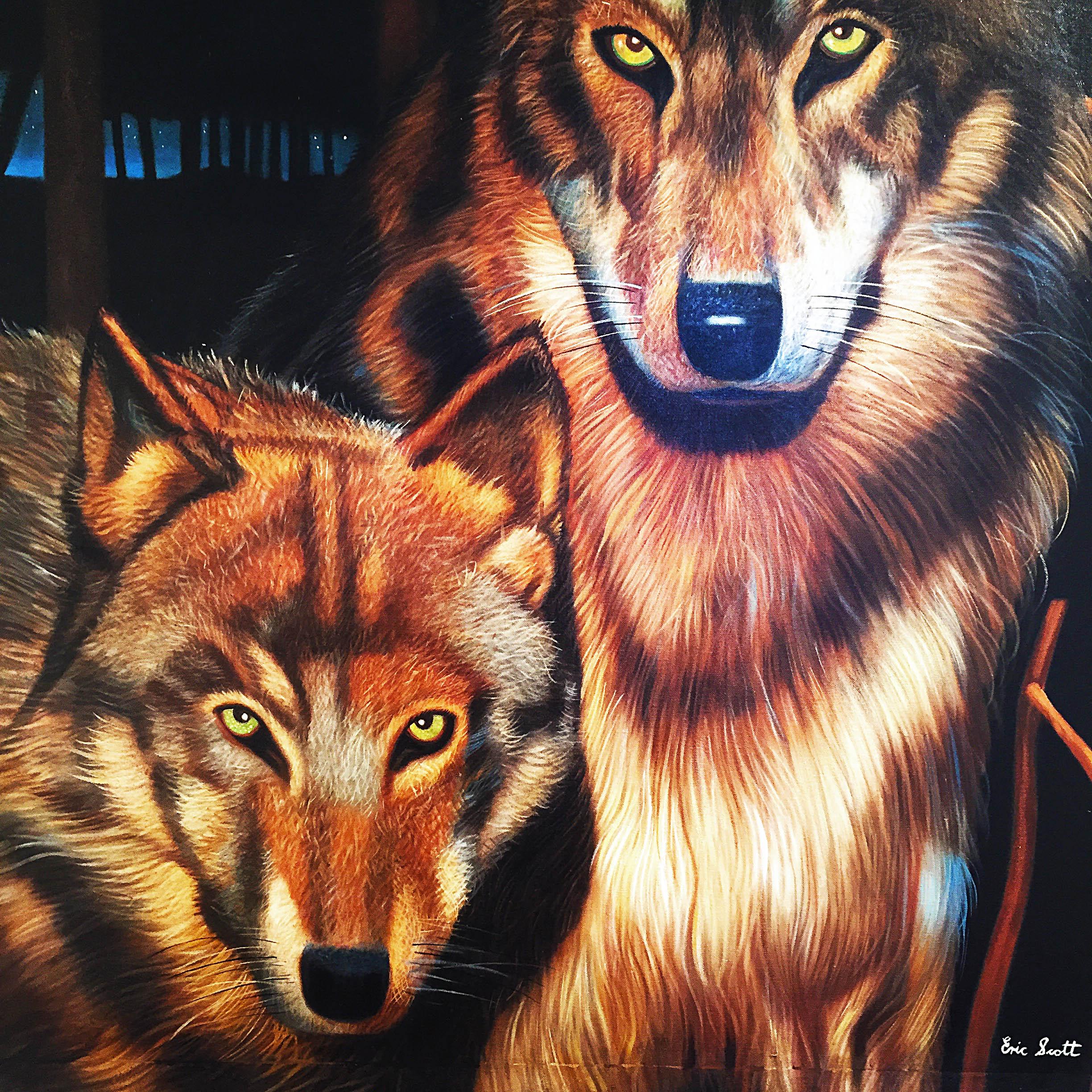 This impressive and captivating oil on canvas of hyperrealistic wolves is by the talented British artist Eric Scott (1945-2005), brother of the late Colin Scott. Eric Scott’s artworks almost always features subjects that are entirely out of