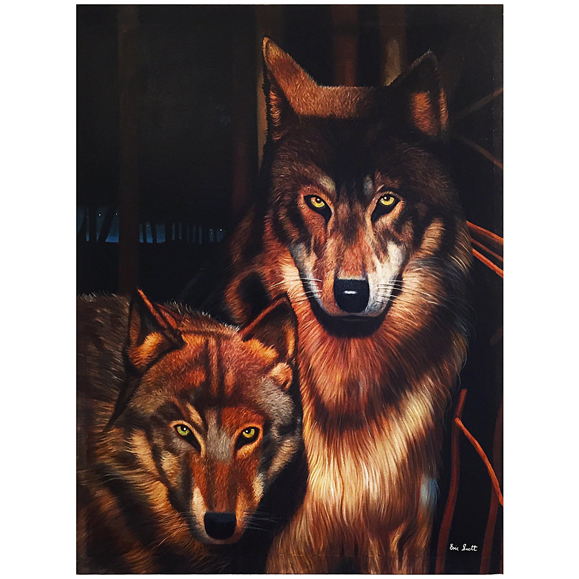 Wolves Painting by Eric Scott, Oil on Canvas Modern realism animals wall art  For Sale