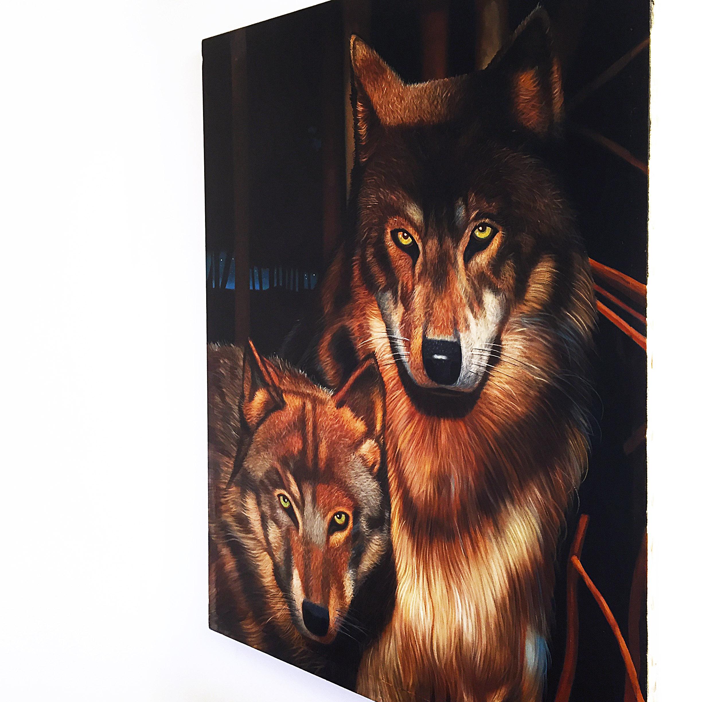 Post-Modern Wolves Painting Eric Scott Oil on Canvas 1980s Art Artwork Animals Realism