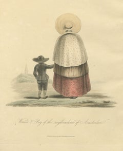 Woman and Boy near Amsterdam, Church Spire Beyond, Antique Print, 1817