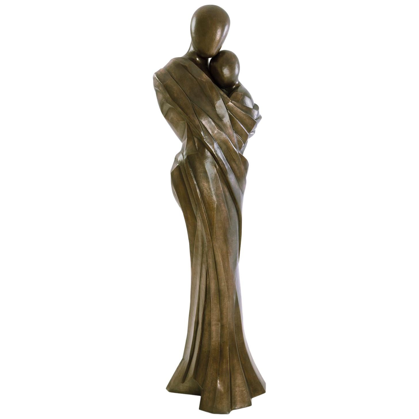 Woman and Child Life-Size Sculpture in Solid Brass For Sale
