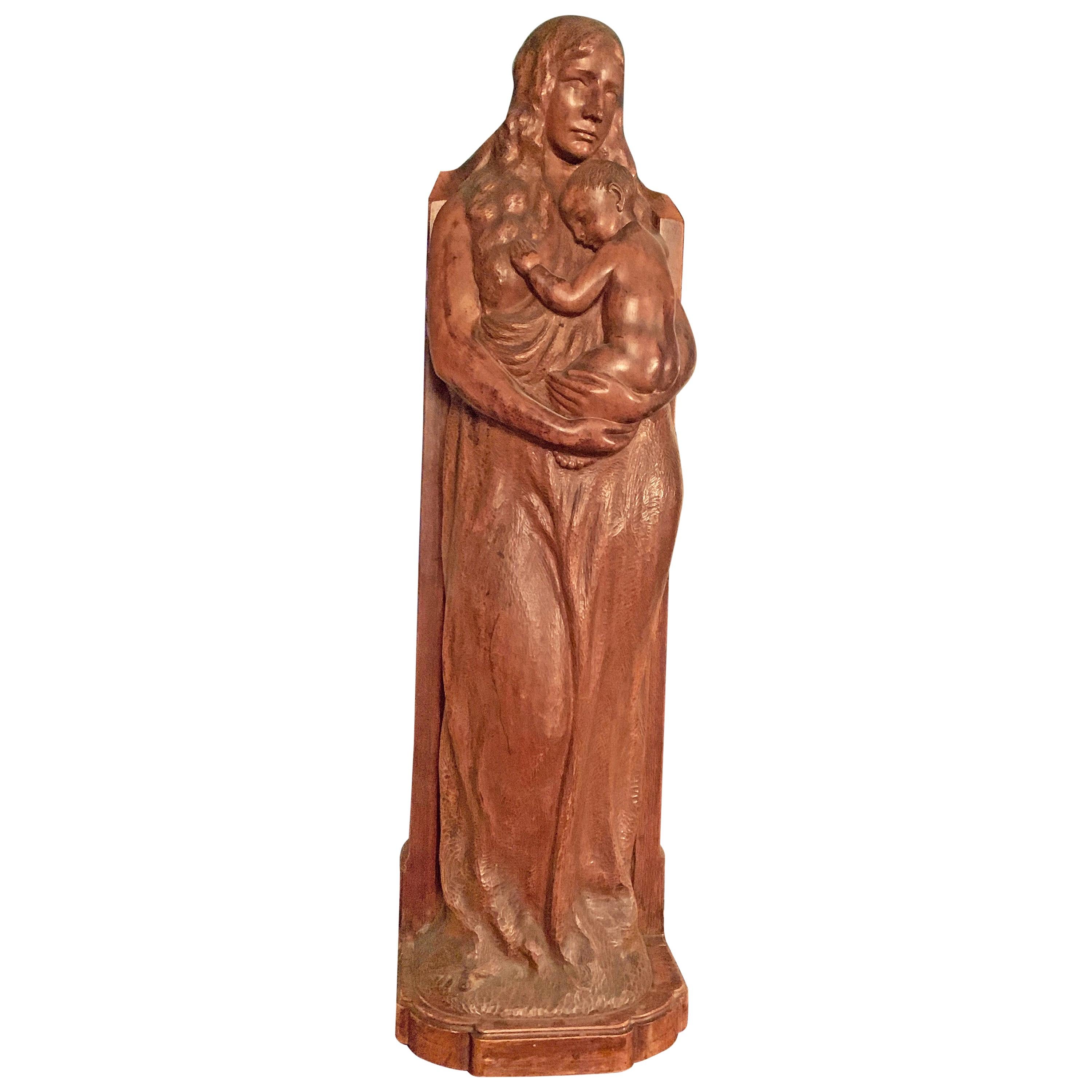 "Woman and Child, " Logan Medal-Winning, Large Mahogany Sculpture by Zettler