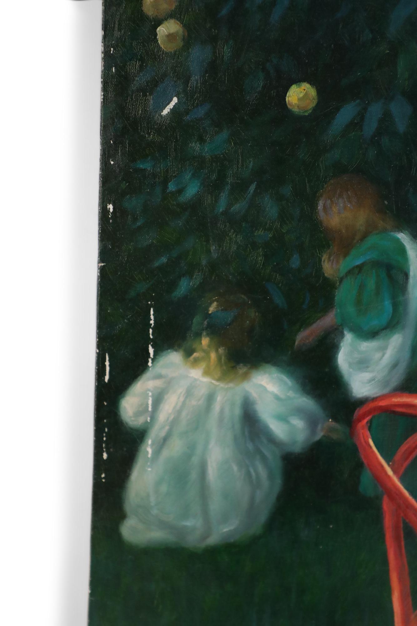 Peinture à l'huile sur toile - Femme et enfants à l'extérieur pour le thé en vente 3