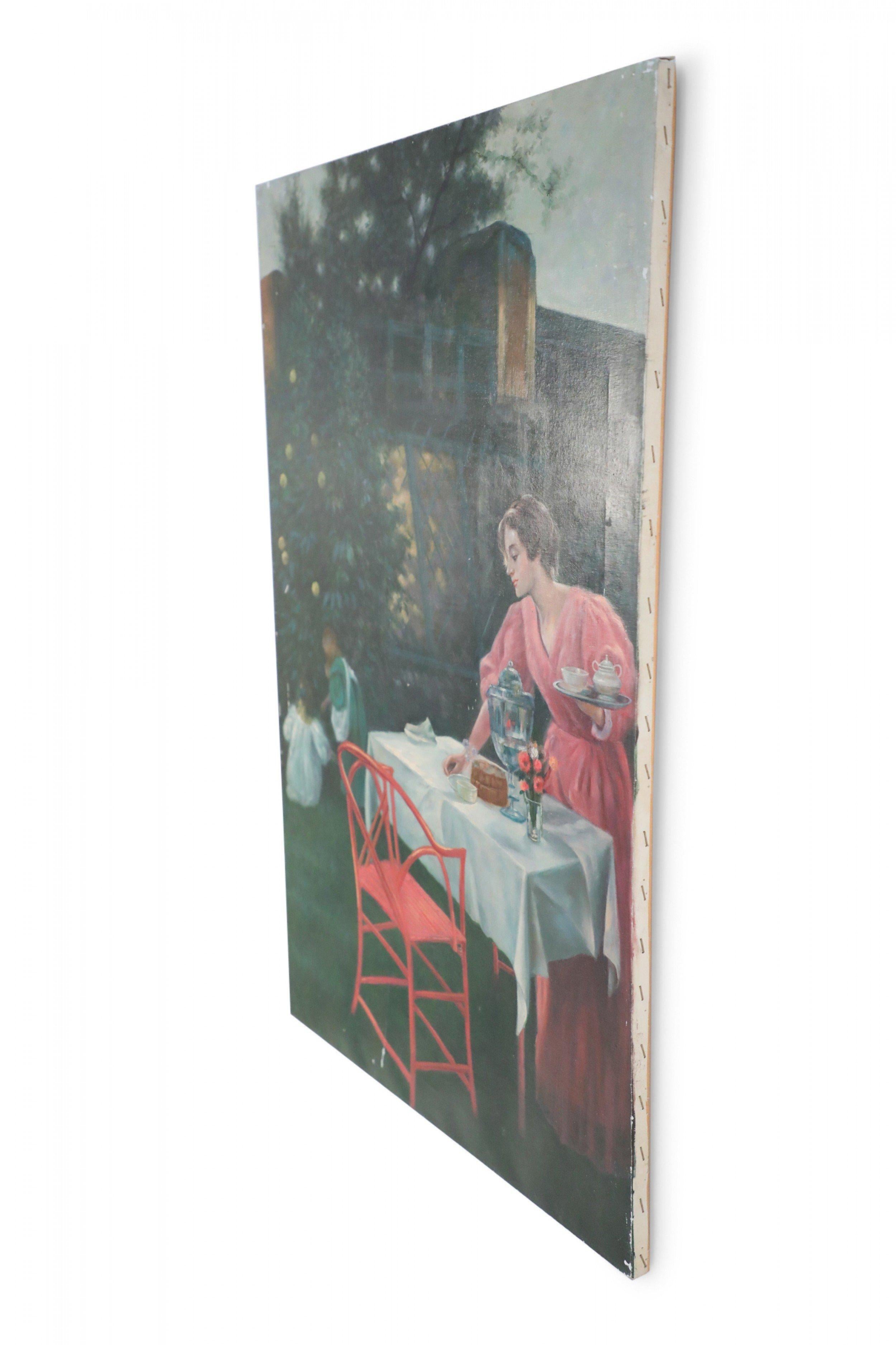Vintage (20th Century) unframed canvas oil painting of a woman wearing a long pink dress setting a table for tea alongside a home, while two children play under a nearby apple tree.
 