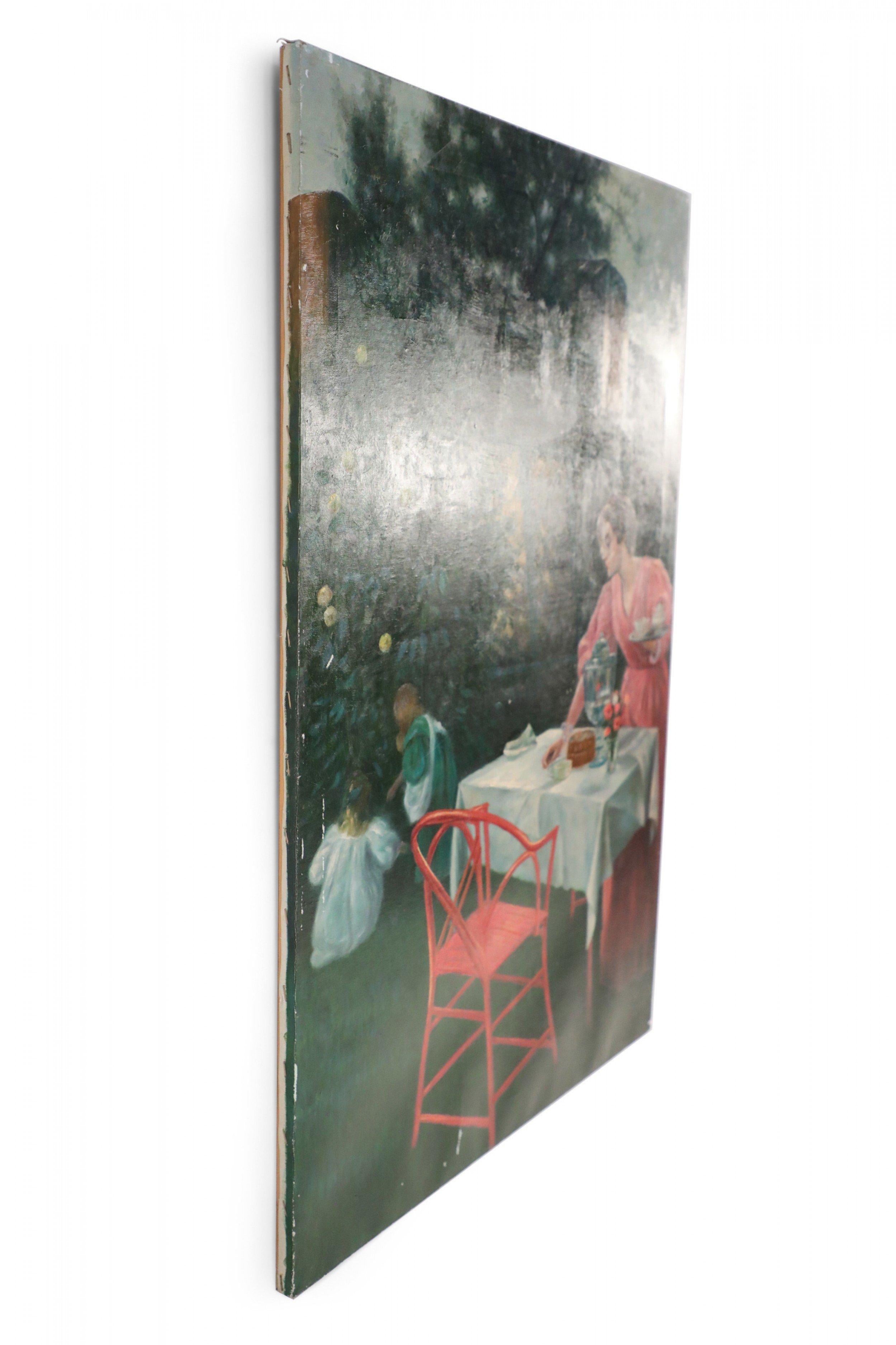 Mid-Century Modern Peinture à l'huile sur toile - Femme et enfants à l'extérieur pour le thé en vente