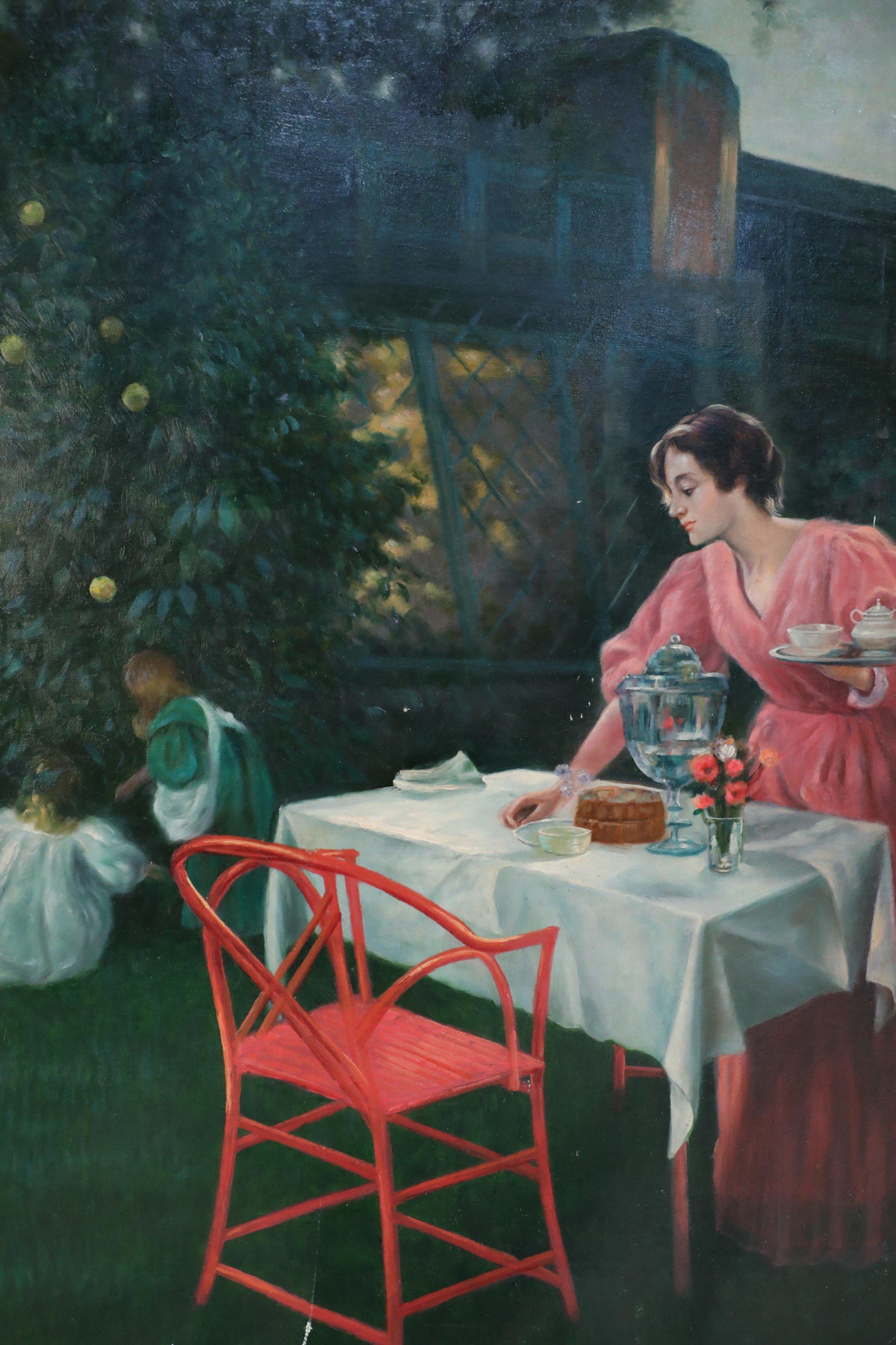 Américain Peinture à l'huile sur toile - Femme et enfants à l'extérieur pour le thé en vente