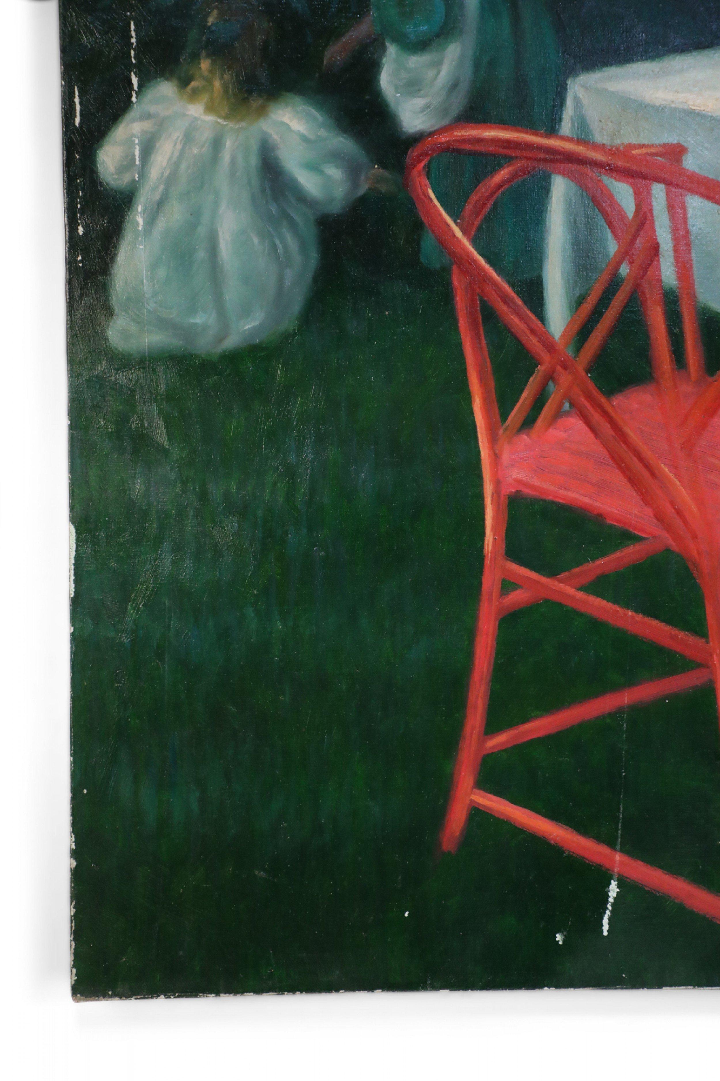 Peinture à l'huile sur toile - Femme et enfants à l'extérieur pour le thé en vente 1