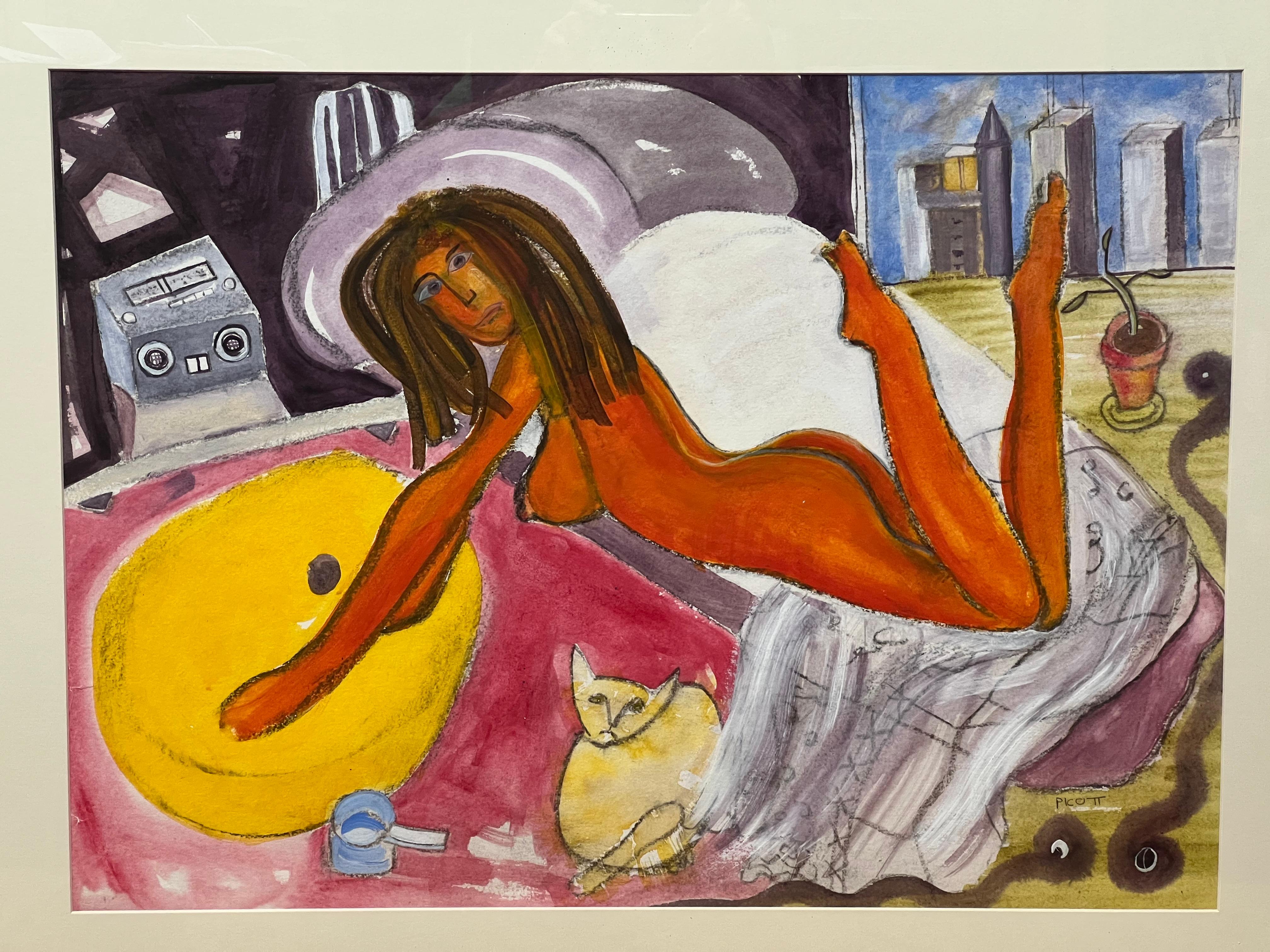 Das Werk ist eine lebendige Darstellung einer afrikanischen nackten Frau in ihrem Schlafzimmer. Unter dem Bett hegt eine unzufriedene Katze einen Groll gegen ihren Besitzer, der ihr gelbes Kissen gestohlen hat. Das Gemälde ist signiert und betitelt.