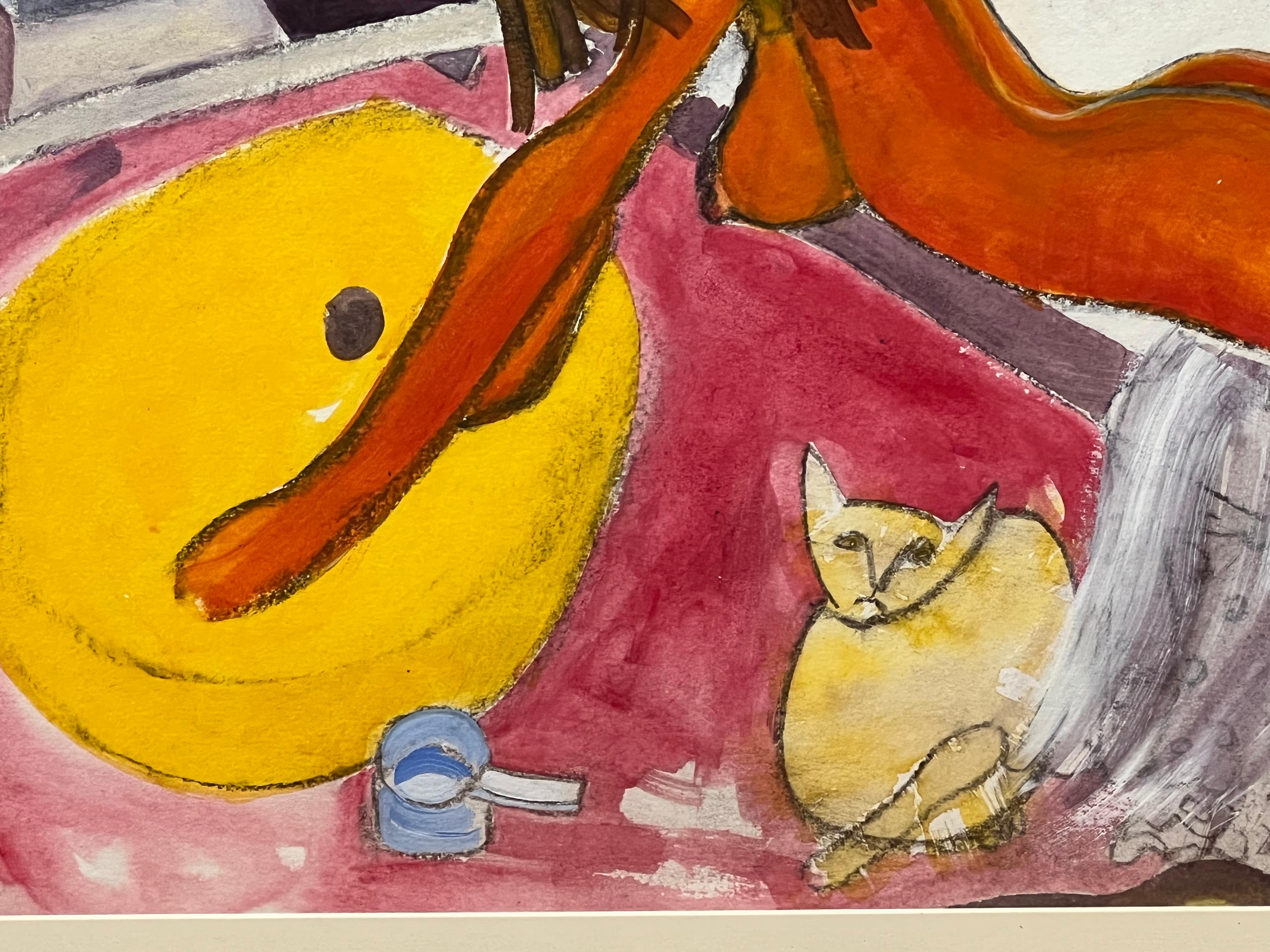 Mixed-Media-Kunstwerk „Frau und ihre Katze“ von Rupert Picott (Senegalesisch) im Angebot