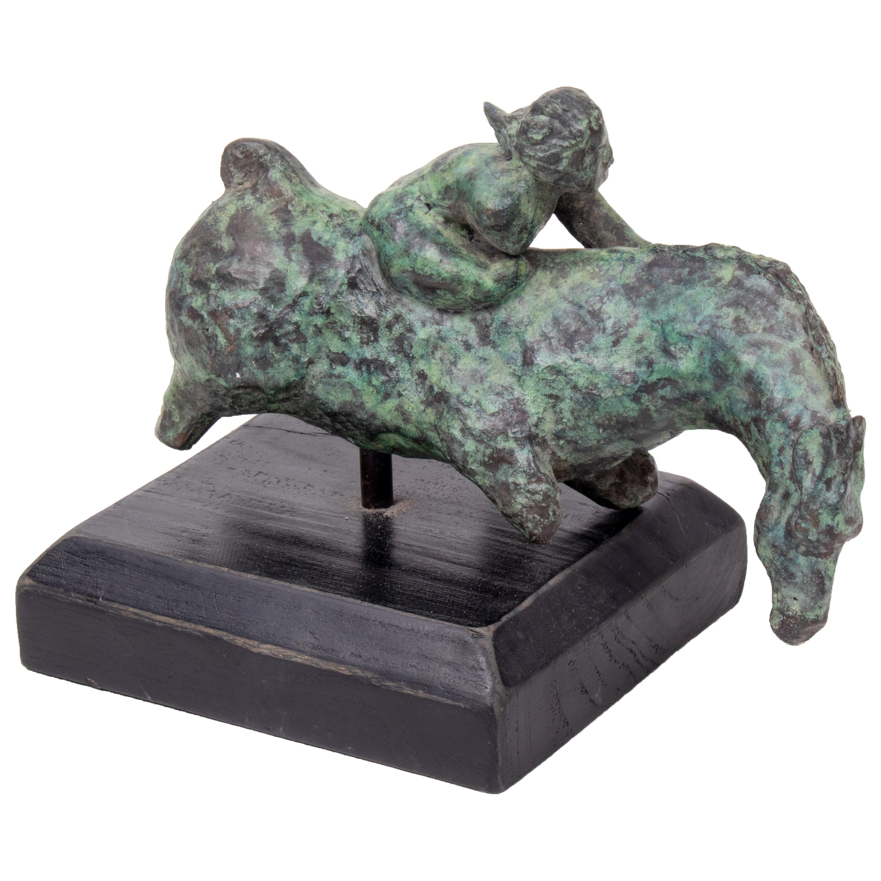 "Woman and Horse" Abstract Bronze Figure with Pedestal For Sale