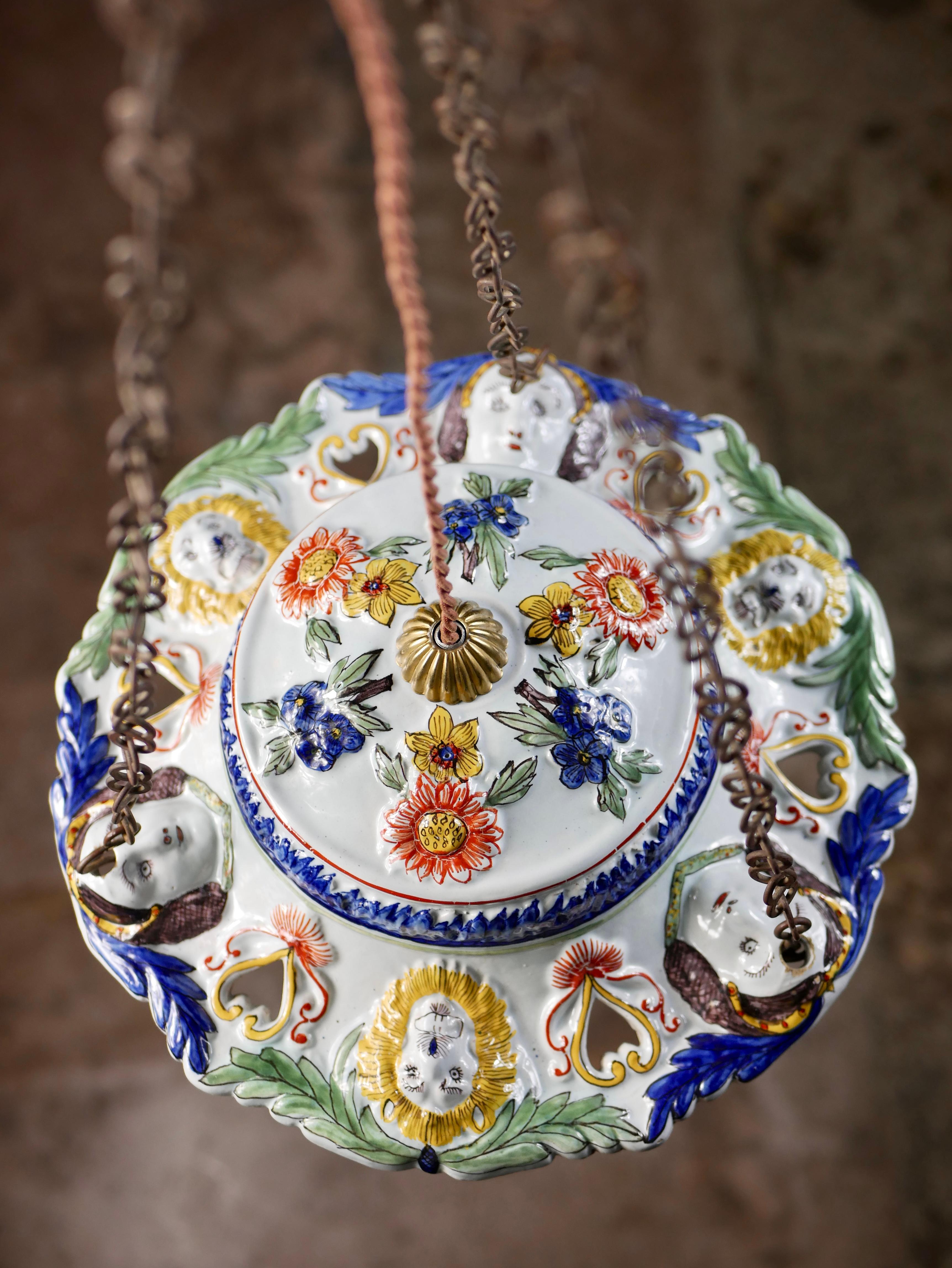 Hand-Painted Woman and lion faces polychrome ceramic chandelier from Sicily, 19th century For Sale